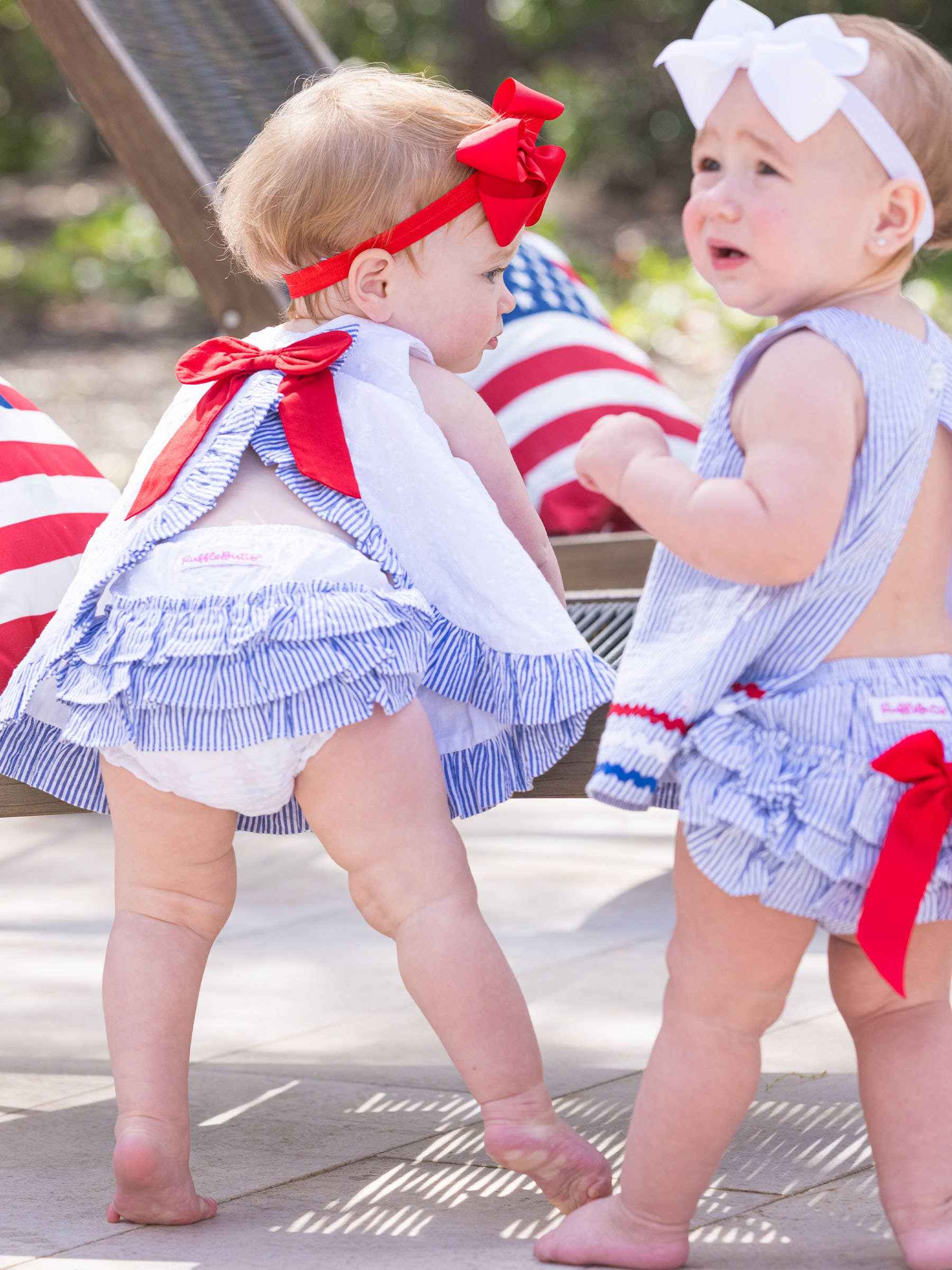 Baby Girls White & Classic Blue Seersucker Top & Bloomer Set - Image 4