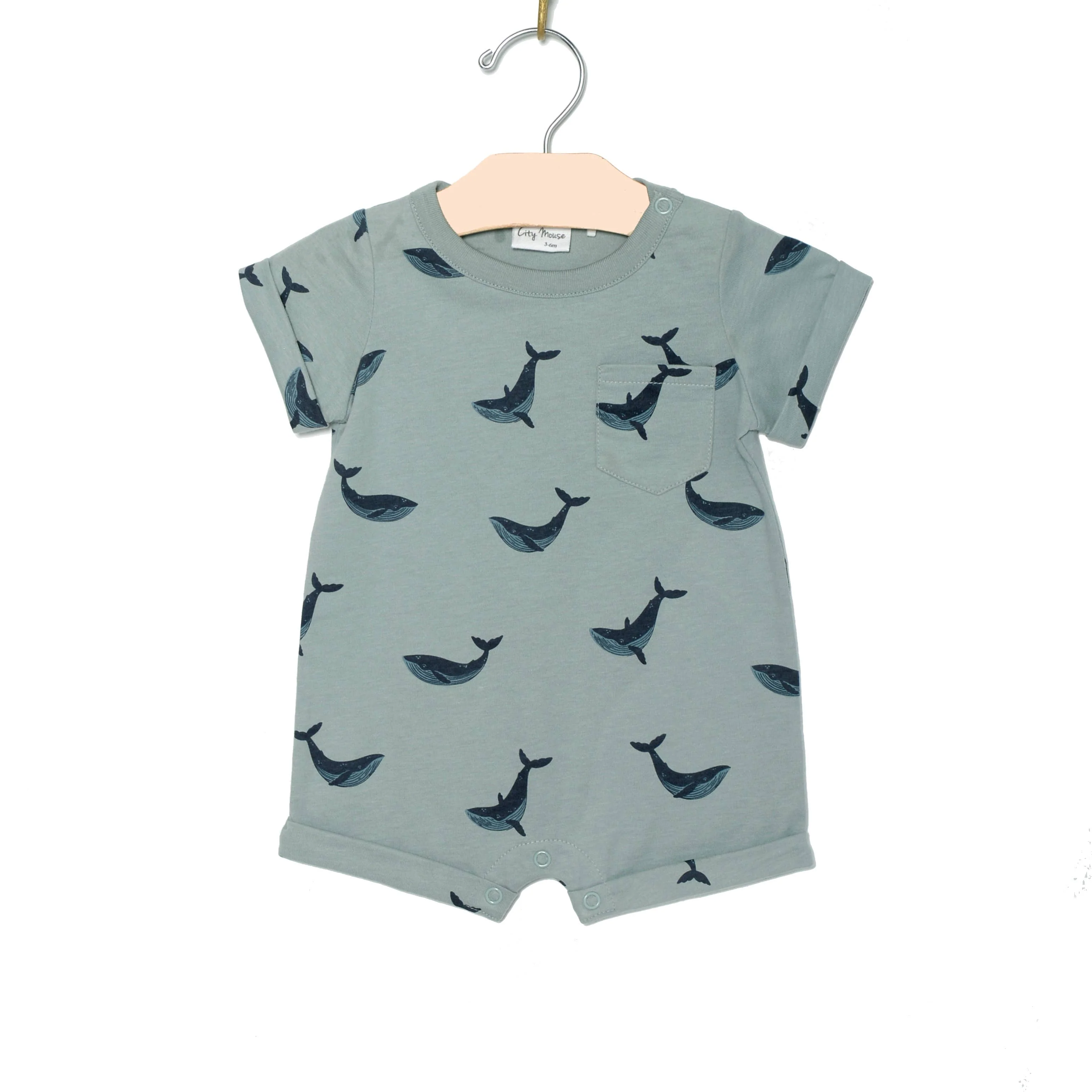 Baby Spring and Summer Short Sleeve Romper- Blue Whales: 12-18m