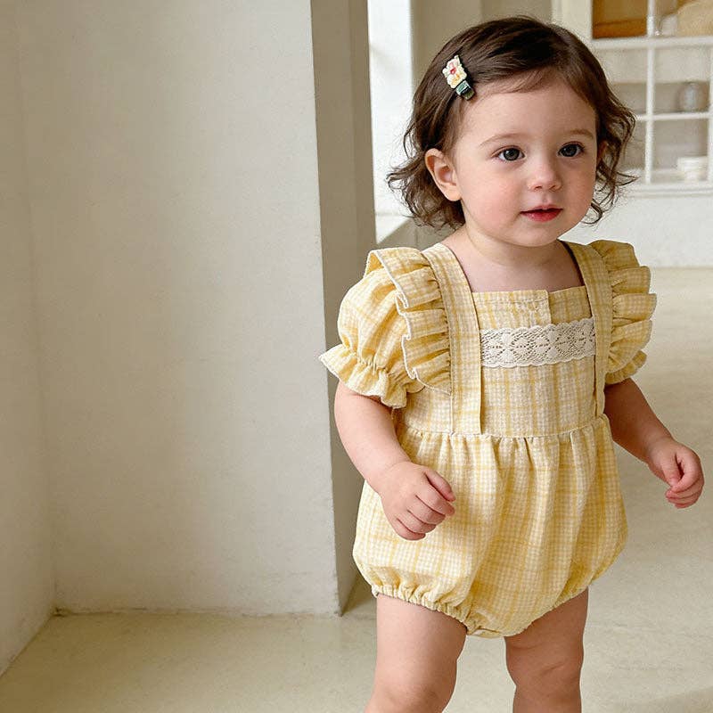 Baby yellow plaid puff sleeve bodysuit romper - Image 2