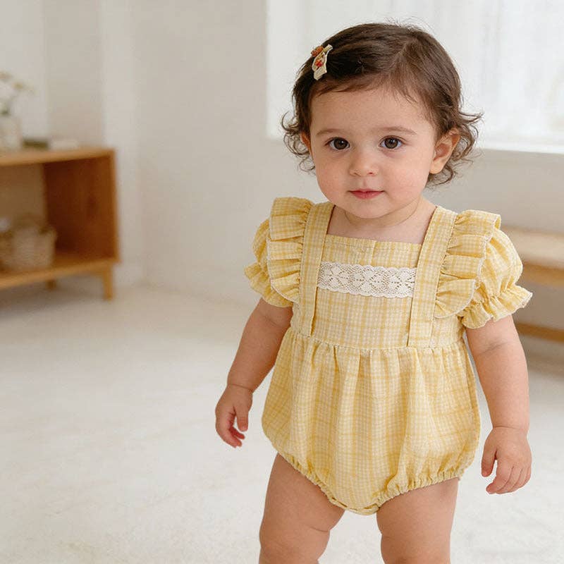 Baby yellow plaid puff sleeve bodysuit romper - Image 3