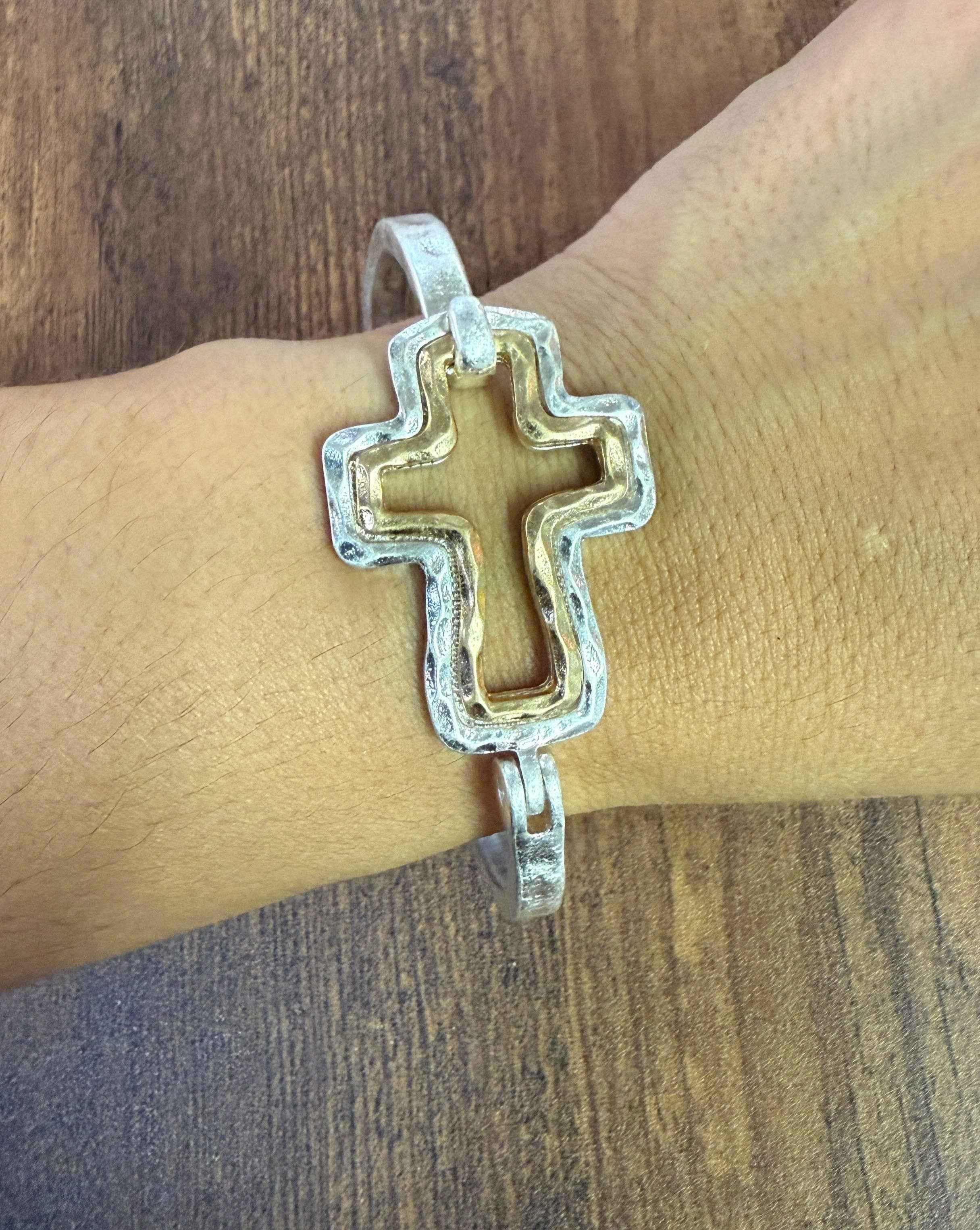 Beautiful Mixed Metal Cross Cuff Bracelet Gold OR Silver - Image 3