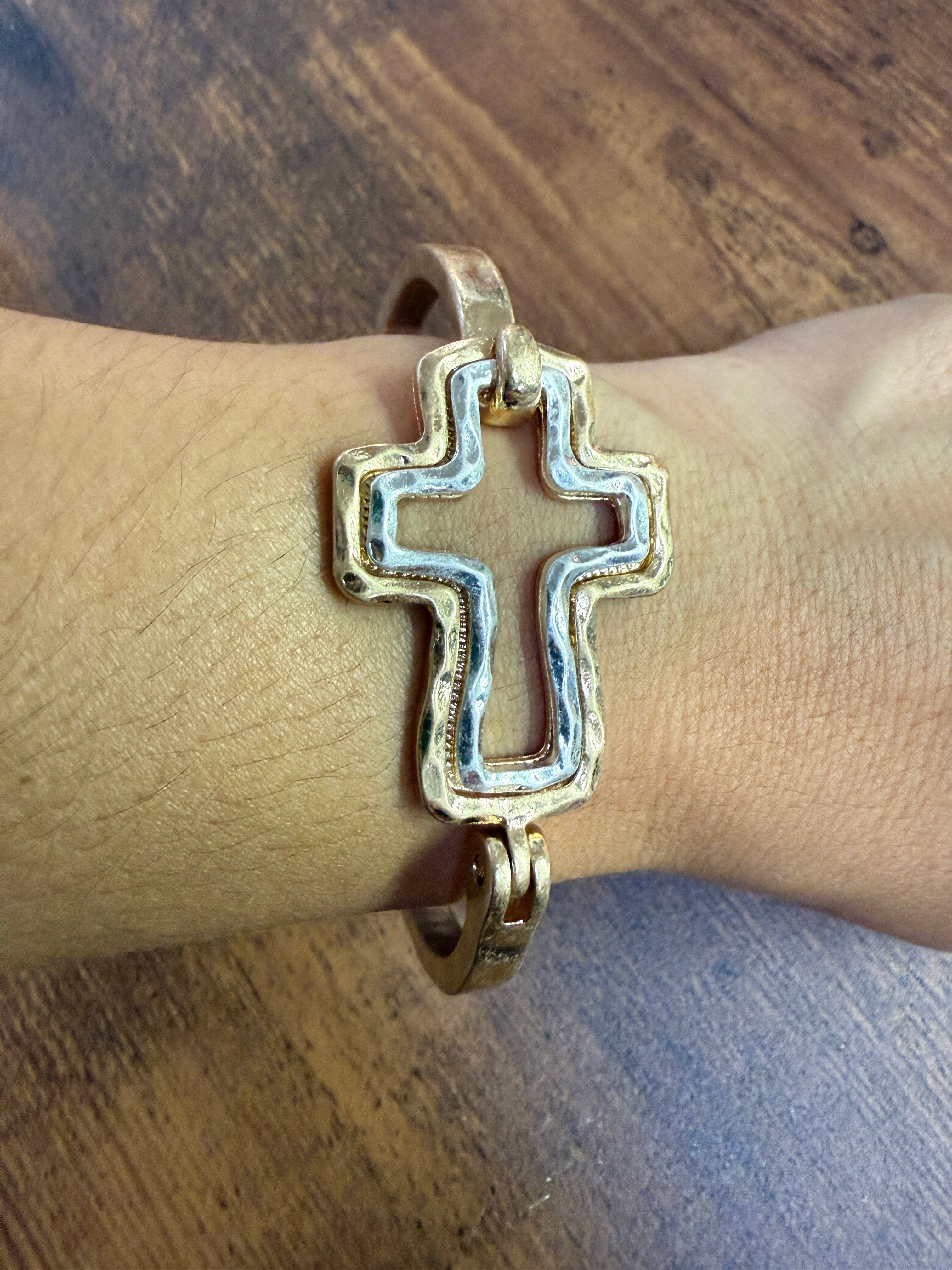 Beautiful Mixed Metal Cross Cuff Bracelet Gold OR Silver - Image 4