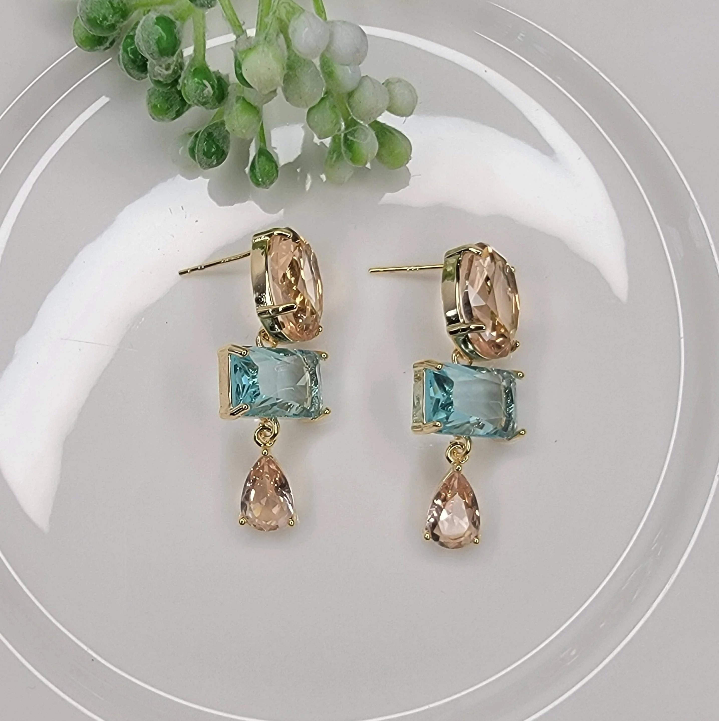 Dangle Earrings-BLUE AND PEACH - Image 2