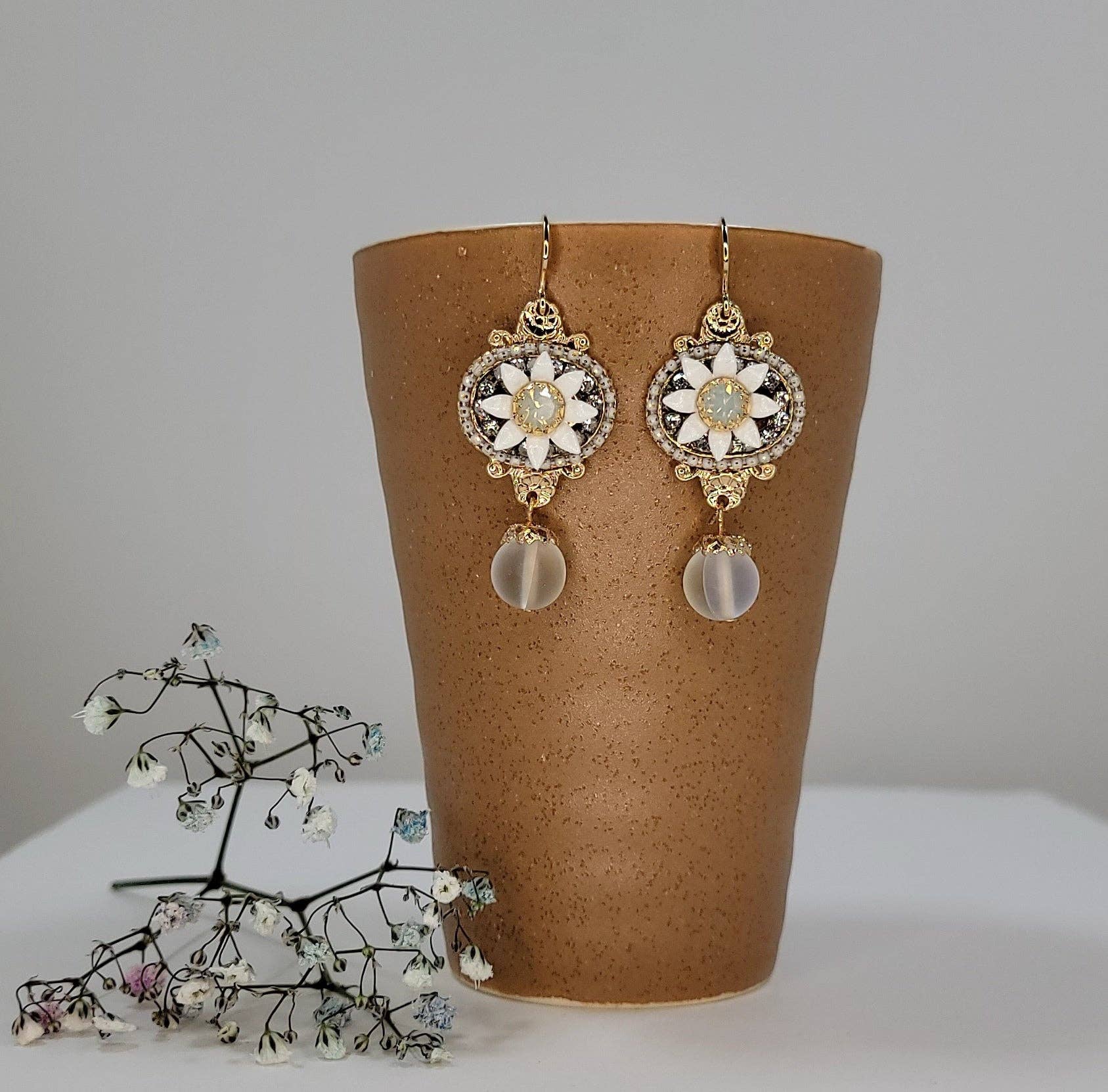 Handmade Daisy Accent With Moonstone Dangle Earrings - Image 8
