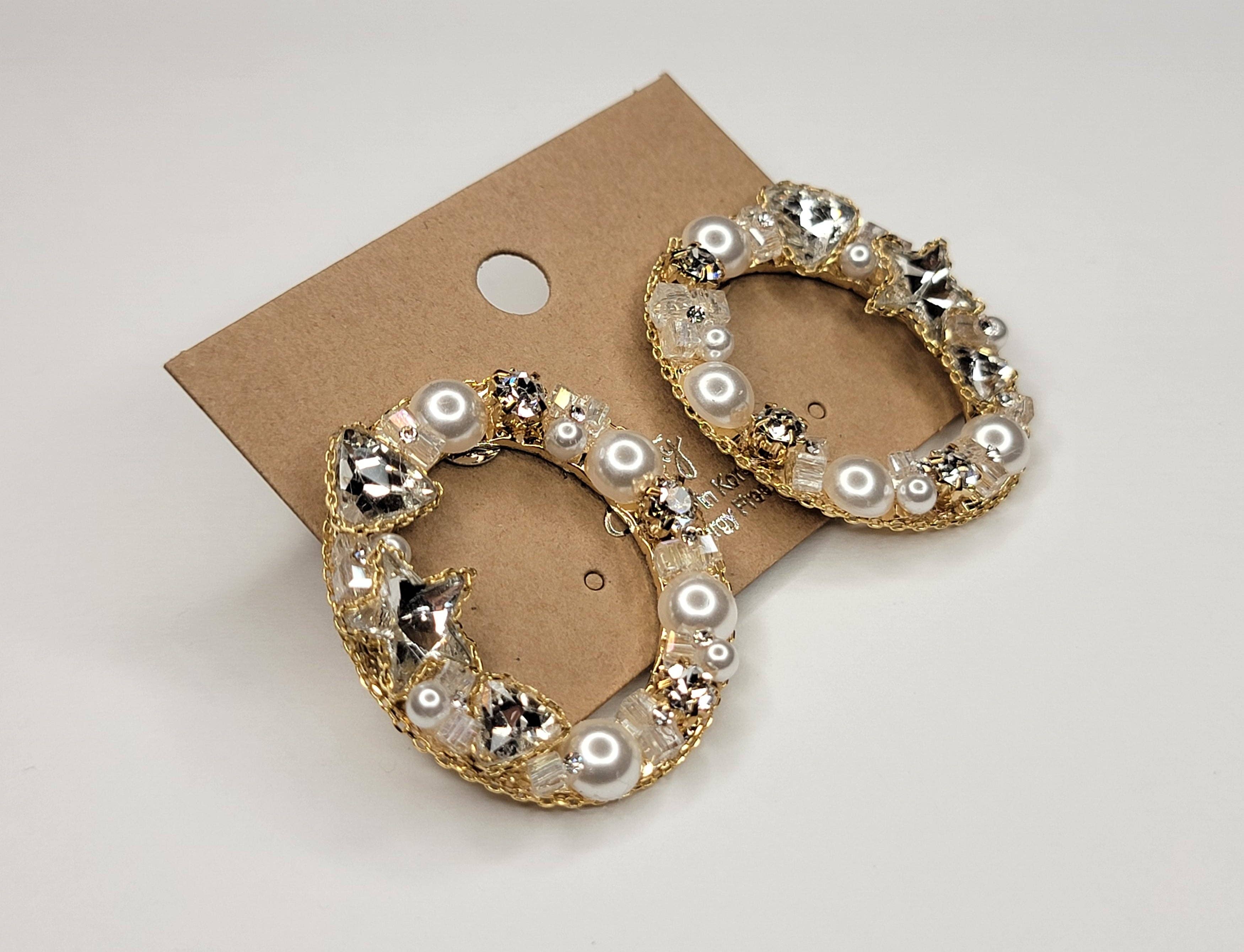 Handmade Post Earring-Circle with pearl and clear crystal - Image 2