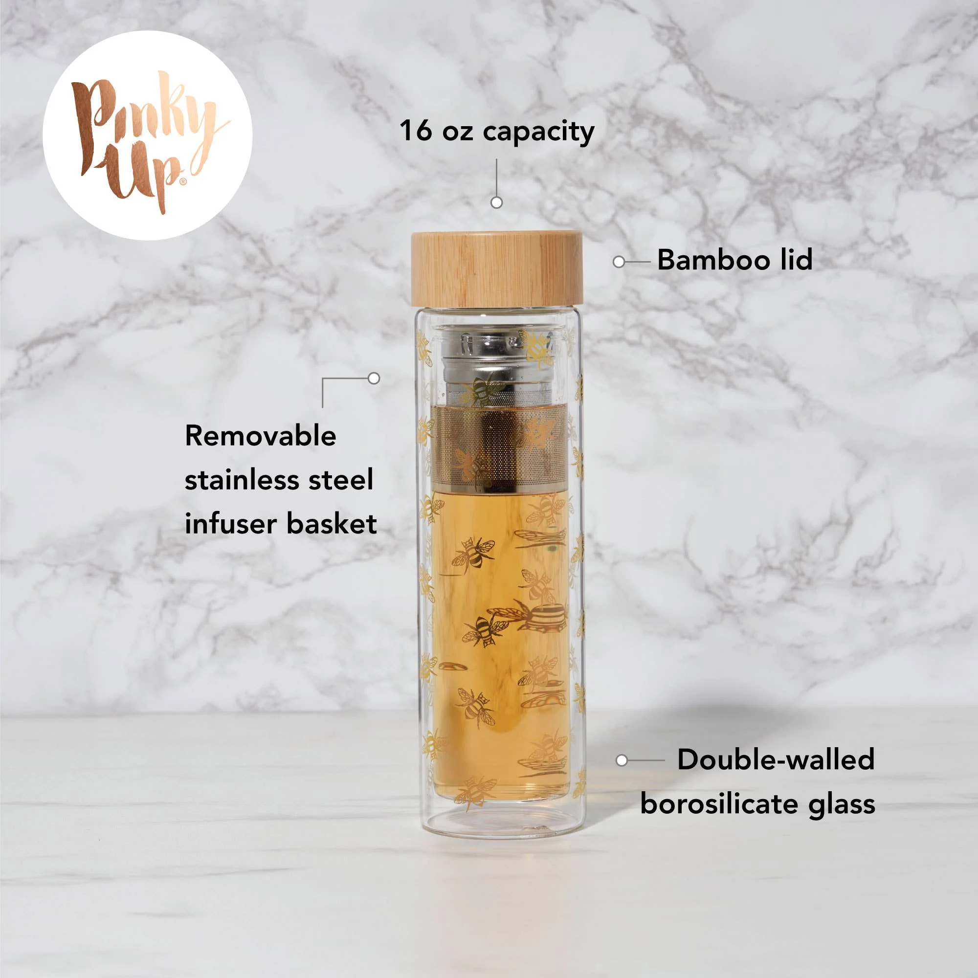 Blair™ Insulated Glass Travel Mug w/ Tea Infuser - Bee - Image 3