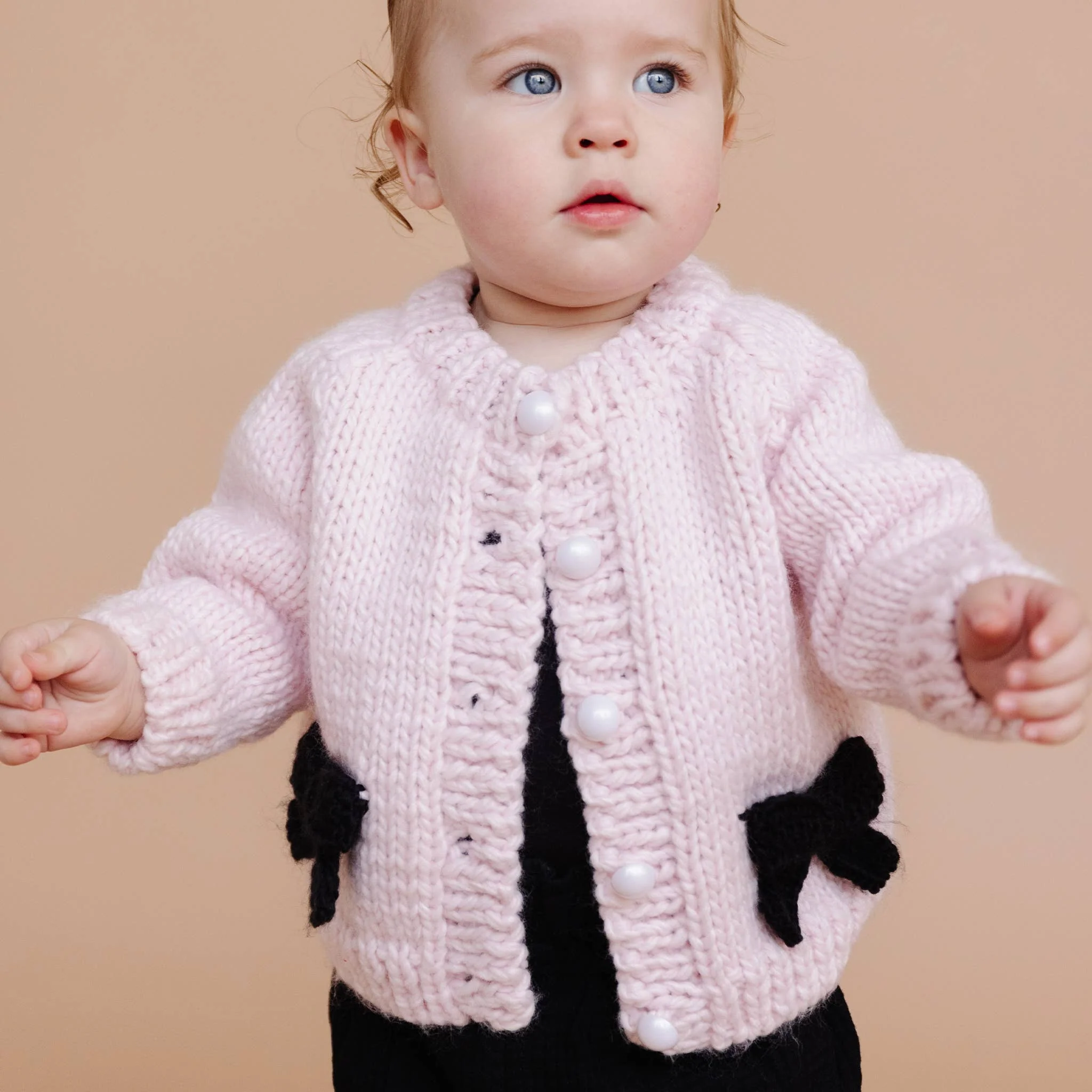 Bow Cardigan, Baby Pink/Black | Kids Sweater - Image 4
