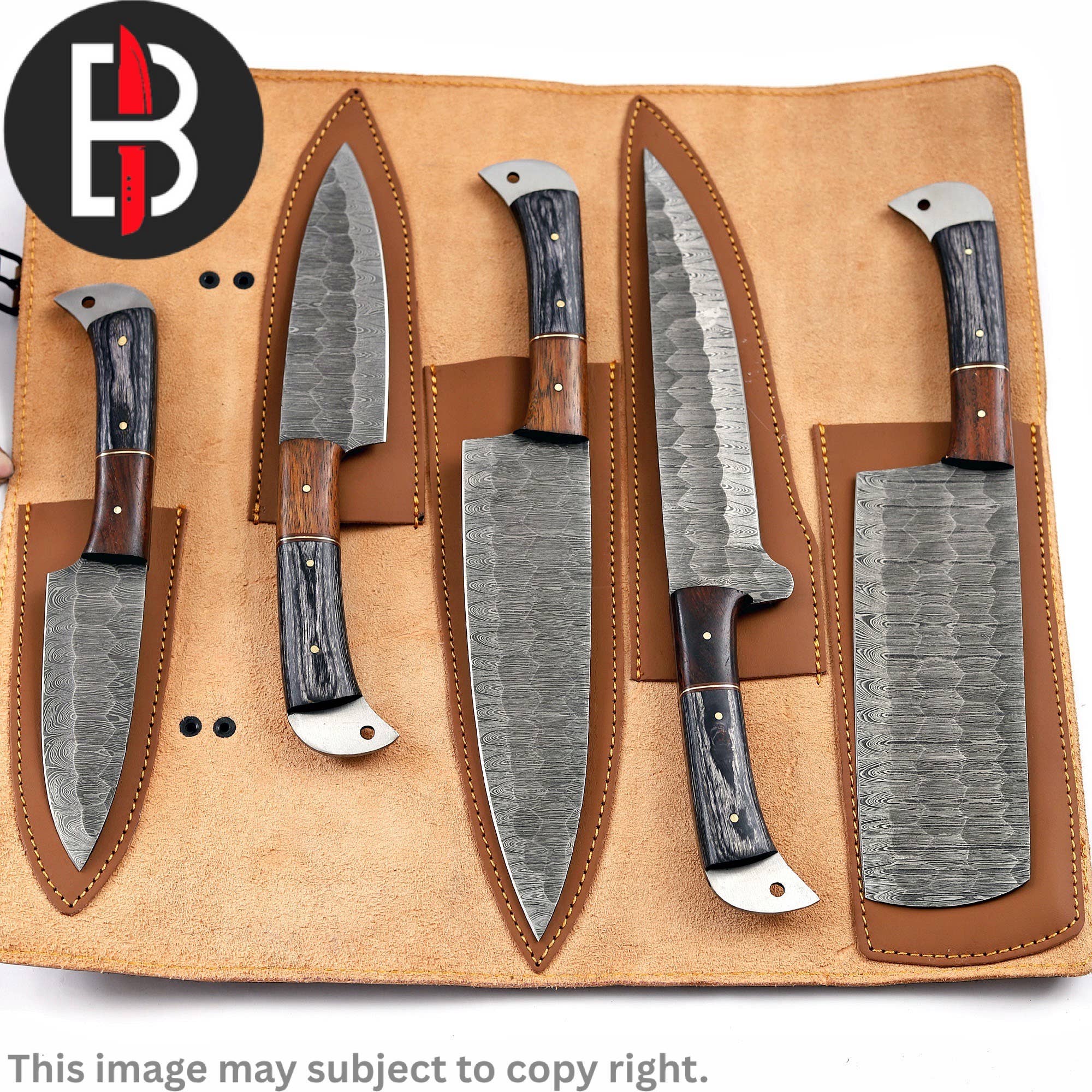 Damascus Steel Chef Set Handmade BBQ Kitchen Knives 5 Pcs - Image 7