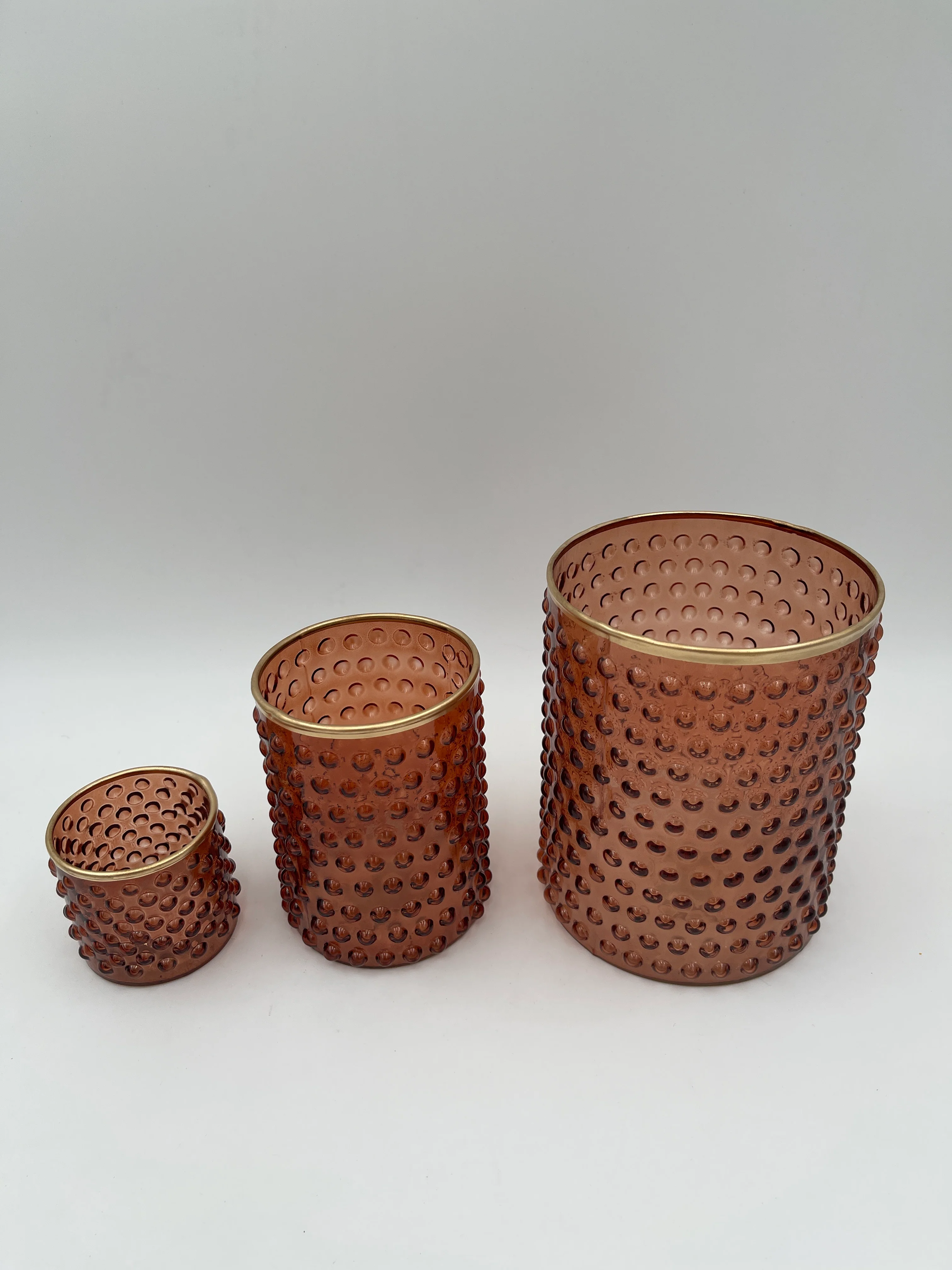 Brown Dot Embossed Candle Holders w/Gold Painted Rim-Set of 3(6.5", 4.75", & 2.5")