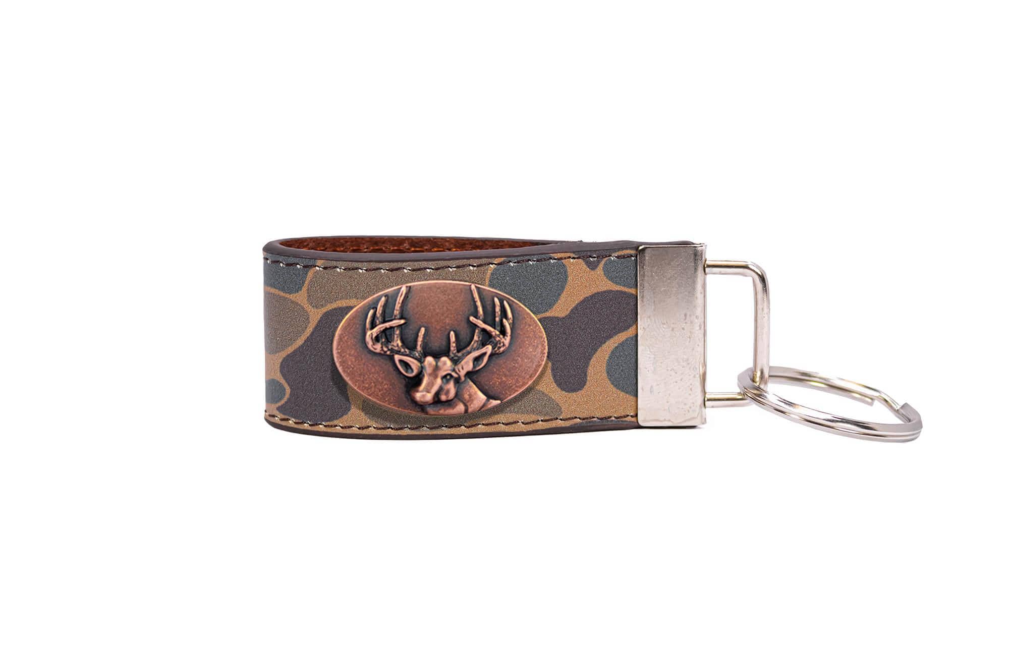 Buck Hunting Camo Leather Loop Keychain.: Brown/Tan Camo