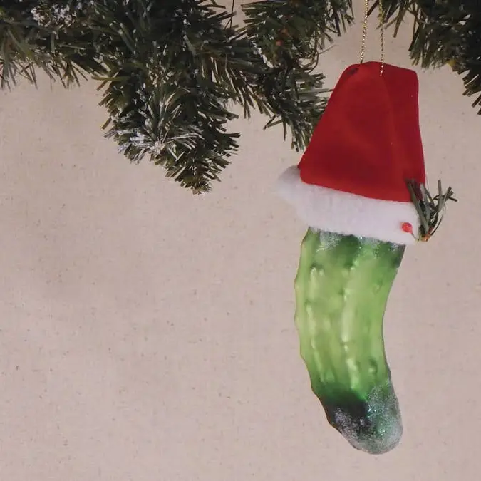 5 1/2" Christmas Pickle with Santa Hat Glass Ornament - Image 2