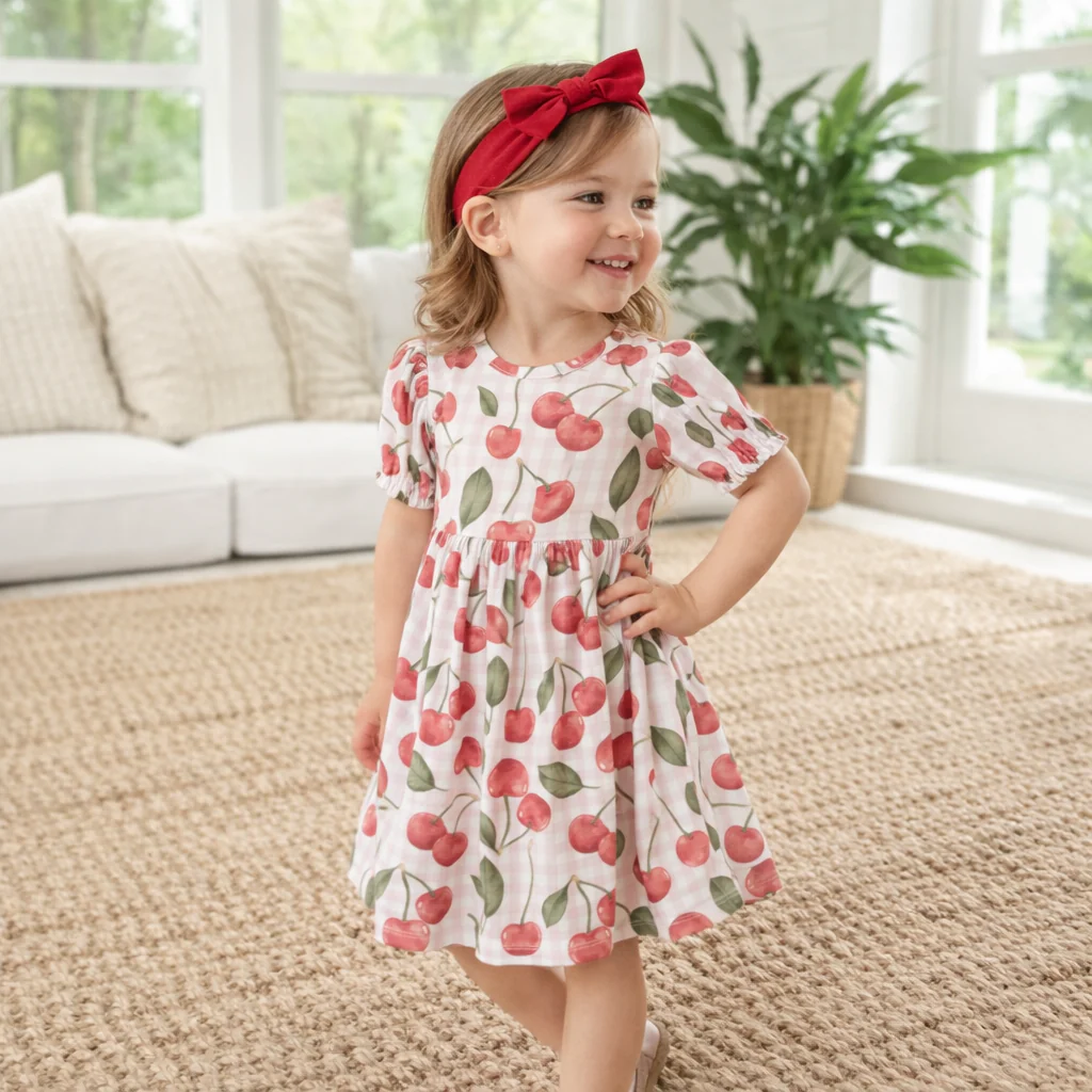 Cherry Picnic Puff Sleeve Bamboo Dress - Image 2