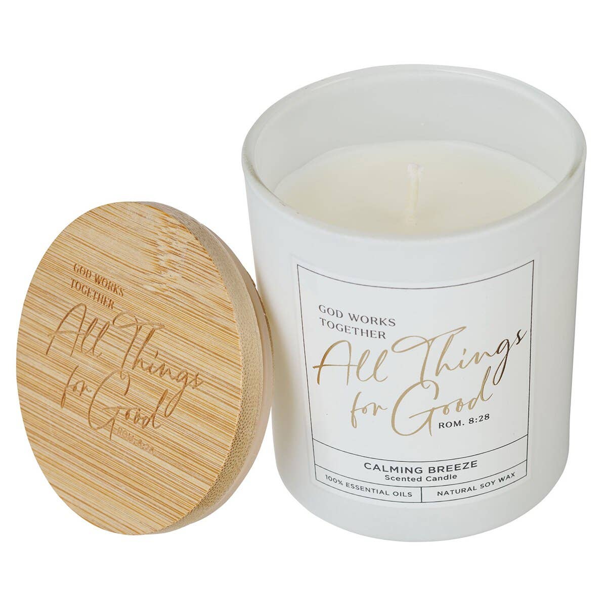 Glass Candle w/Bamboo Lid White God Works Rom. 8:28 - Image 2
