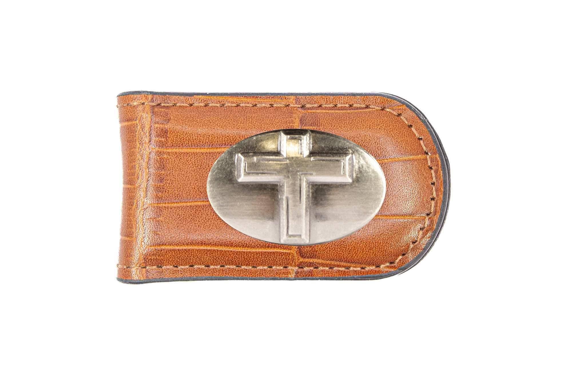 Christian Cross Leather Magnetic Money Clip Wallet: Croc Tan
