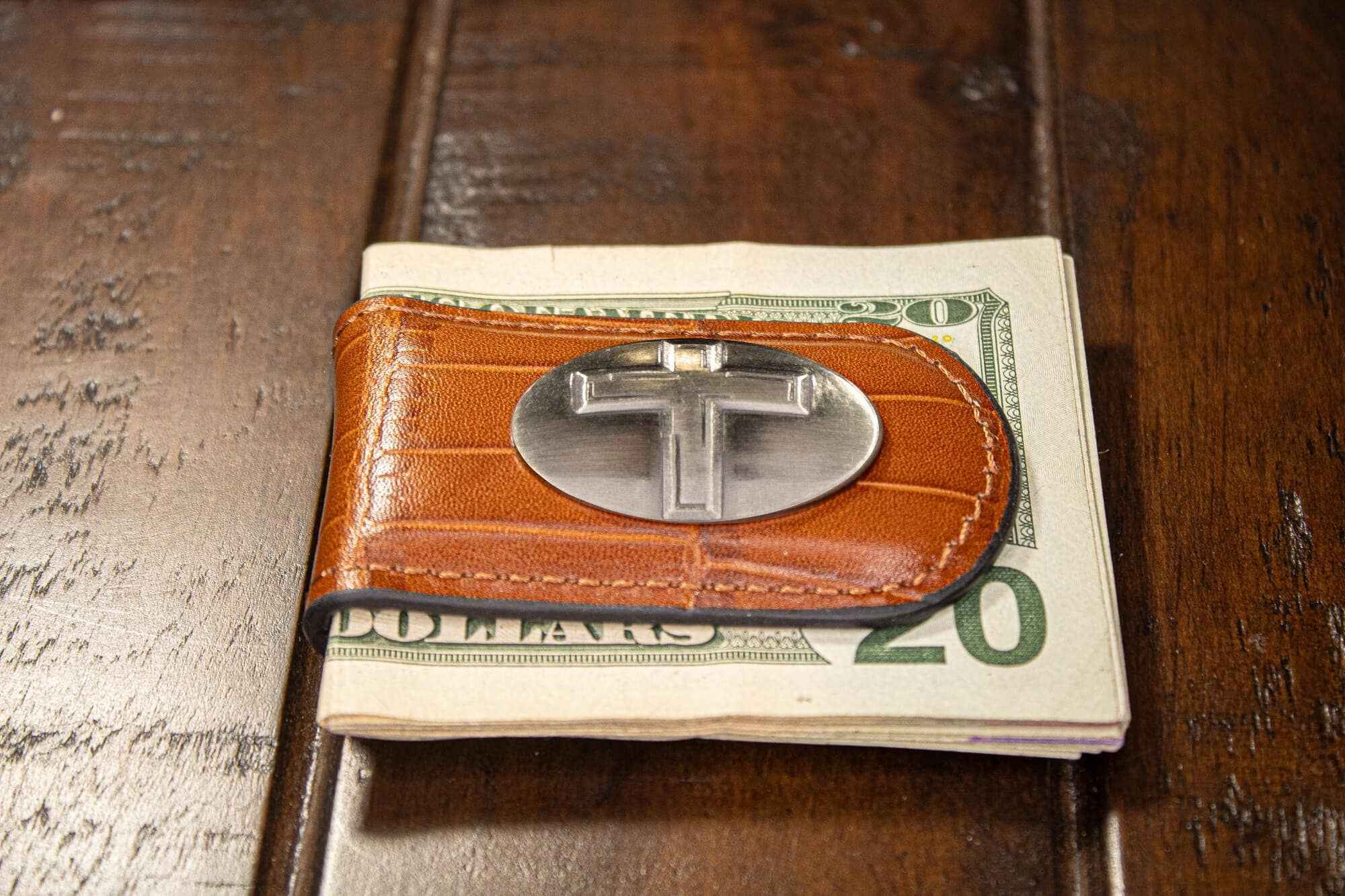 Christian Cross Leather Magnetic Money Clip Wallet: Croc Tan - Image 2