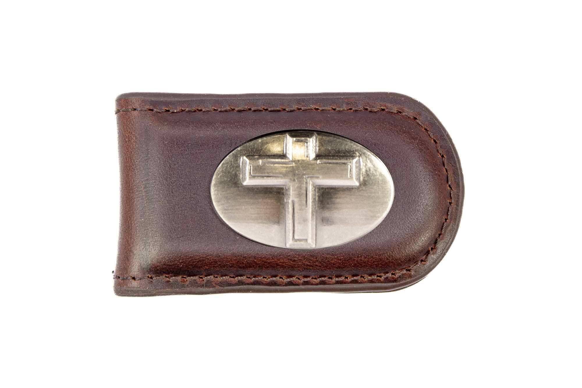 Christian Cross Leather Magnetic Money Clip Wallet: Croc Tan - Image 4