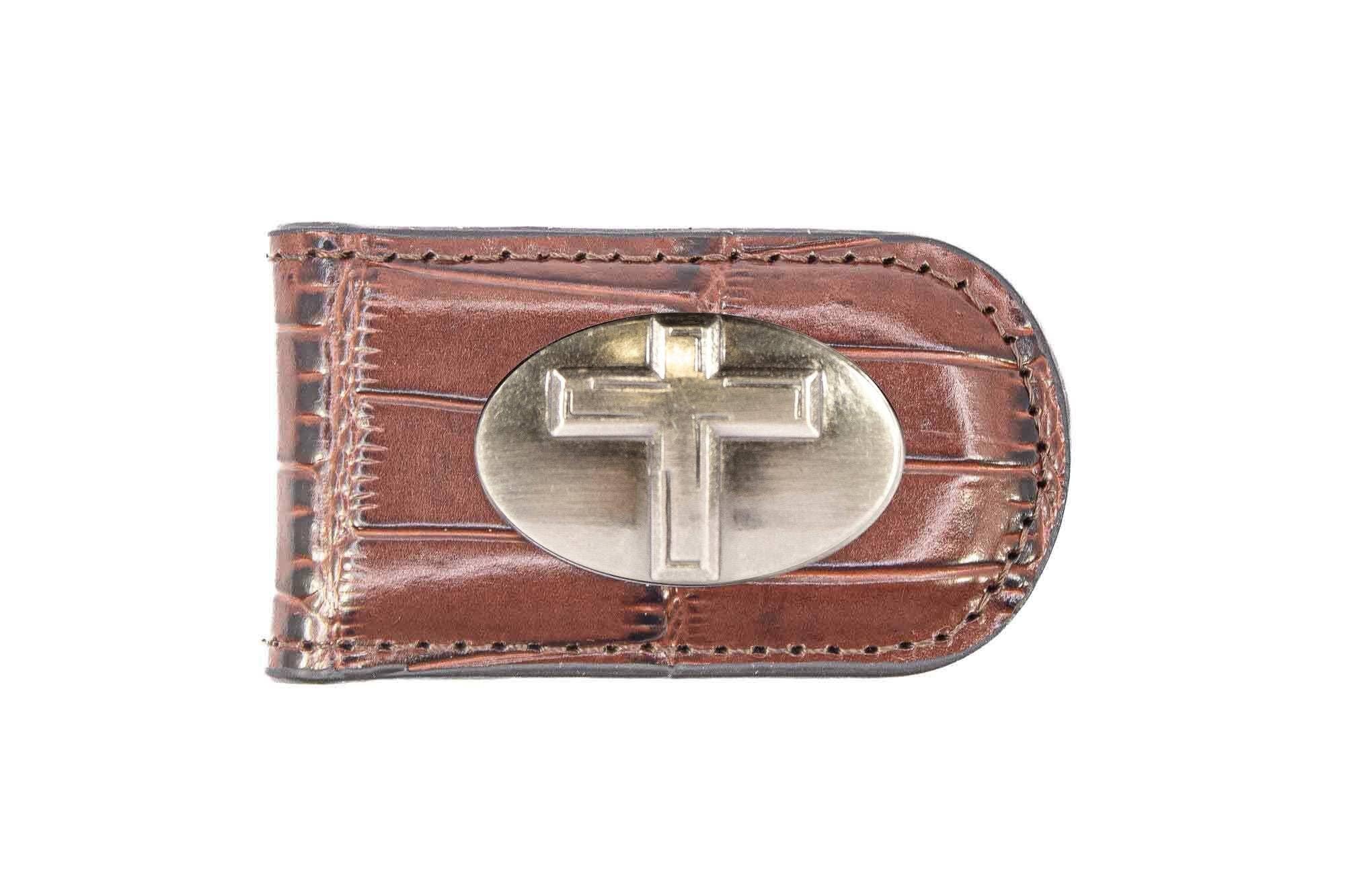 Christian Cross Leather Magnetic Money Clip Wallet: Croc Tan - Image 6