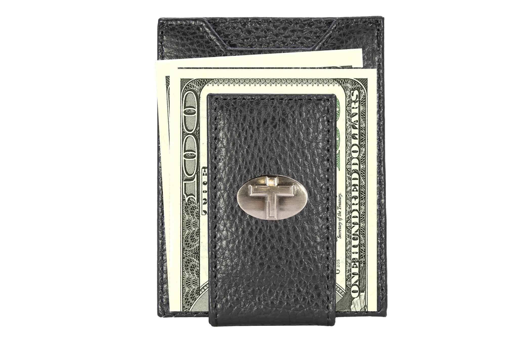 Christian Cross Magnetic Leather Slim Wallet: Pebble Black