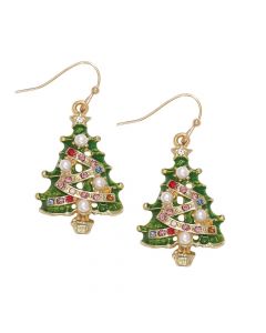 Christmas Tree with Crystal and Pearl Accents Earrings