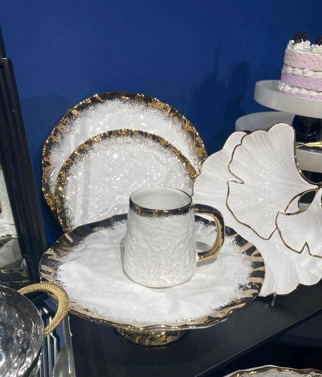 White Porcelain Sectional Leaf Plate Gold Edged 11.75" - Image 2