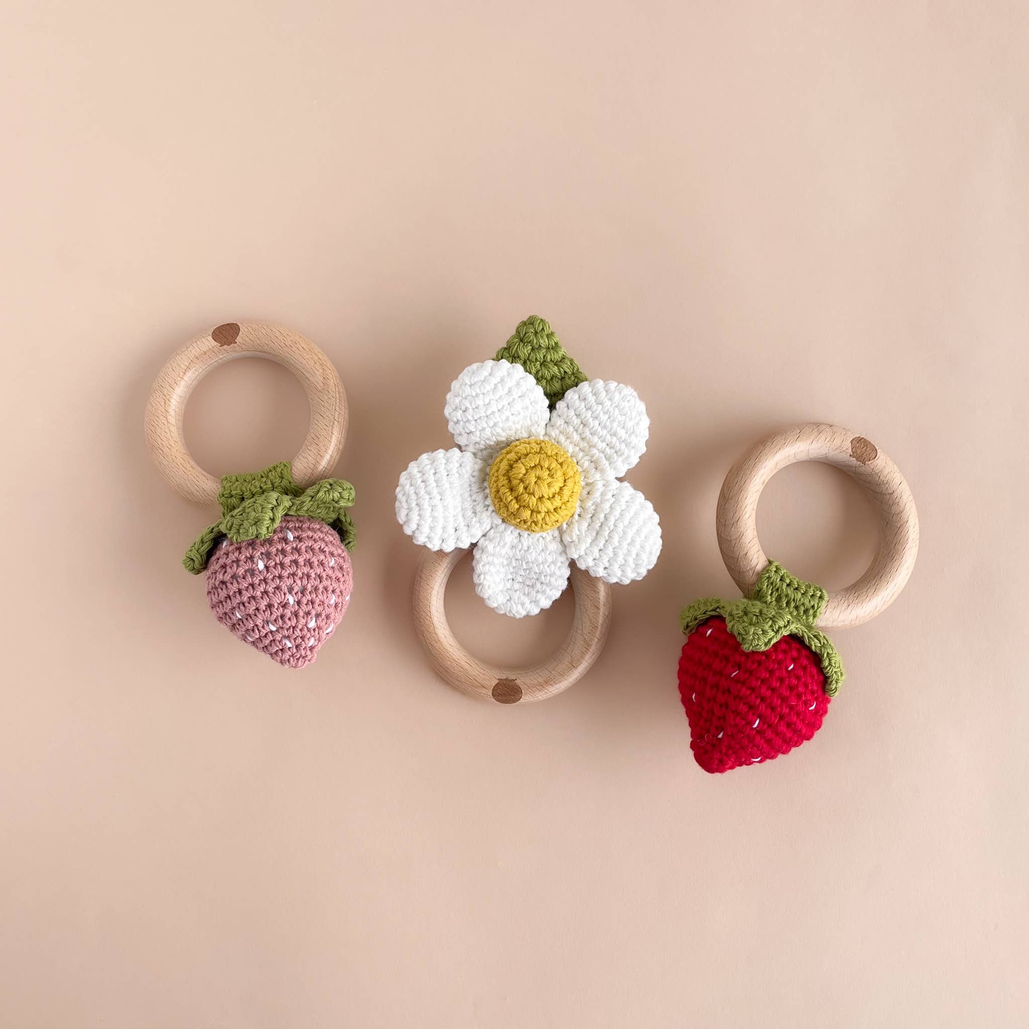 Crochet Rattle Teether Strawberry Pink Baby Toy Spring Summe - Image 6