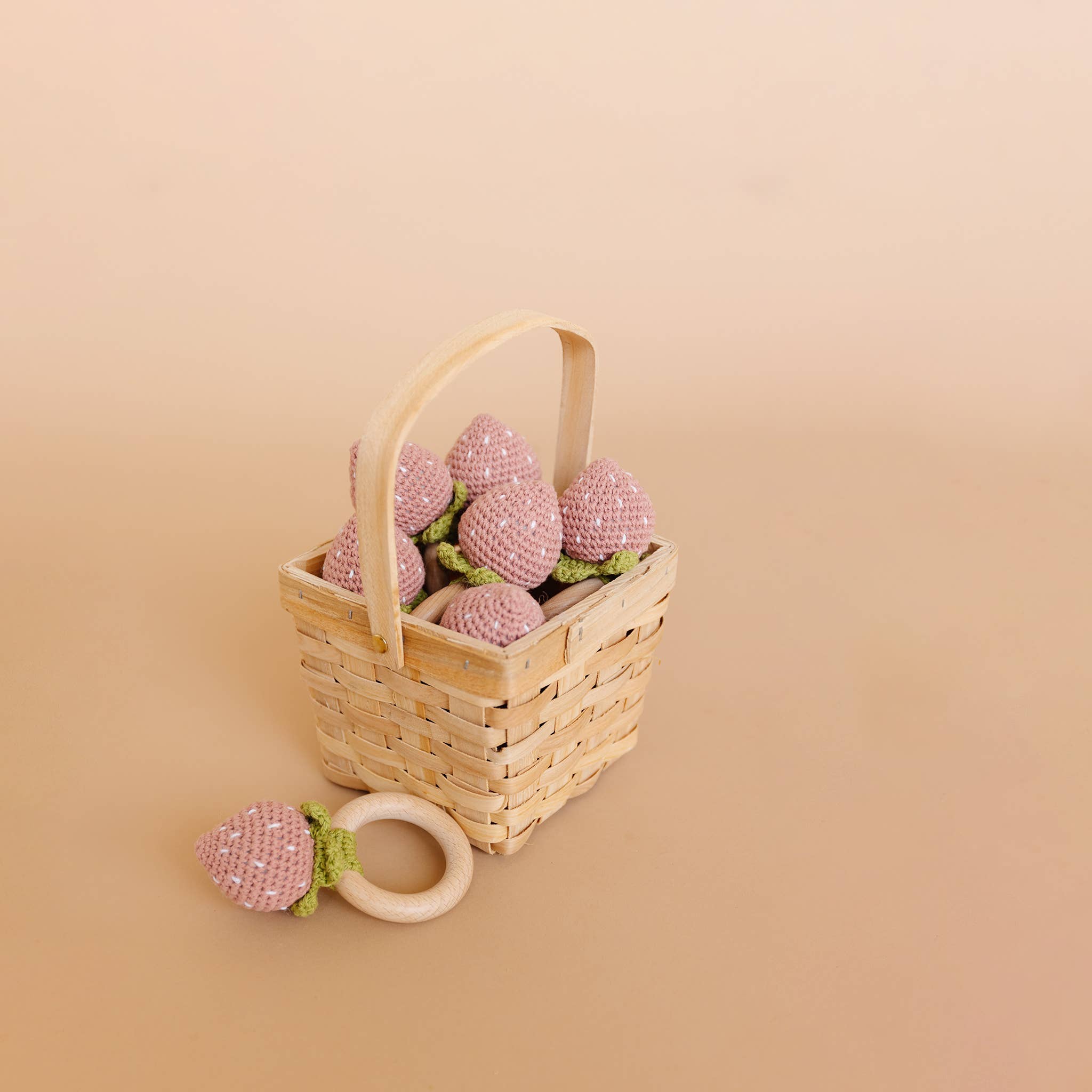 Crochet Rattle Teether Strawberry Pink Baby Toy Spring Summe - Image 7