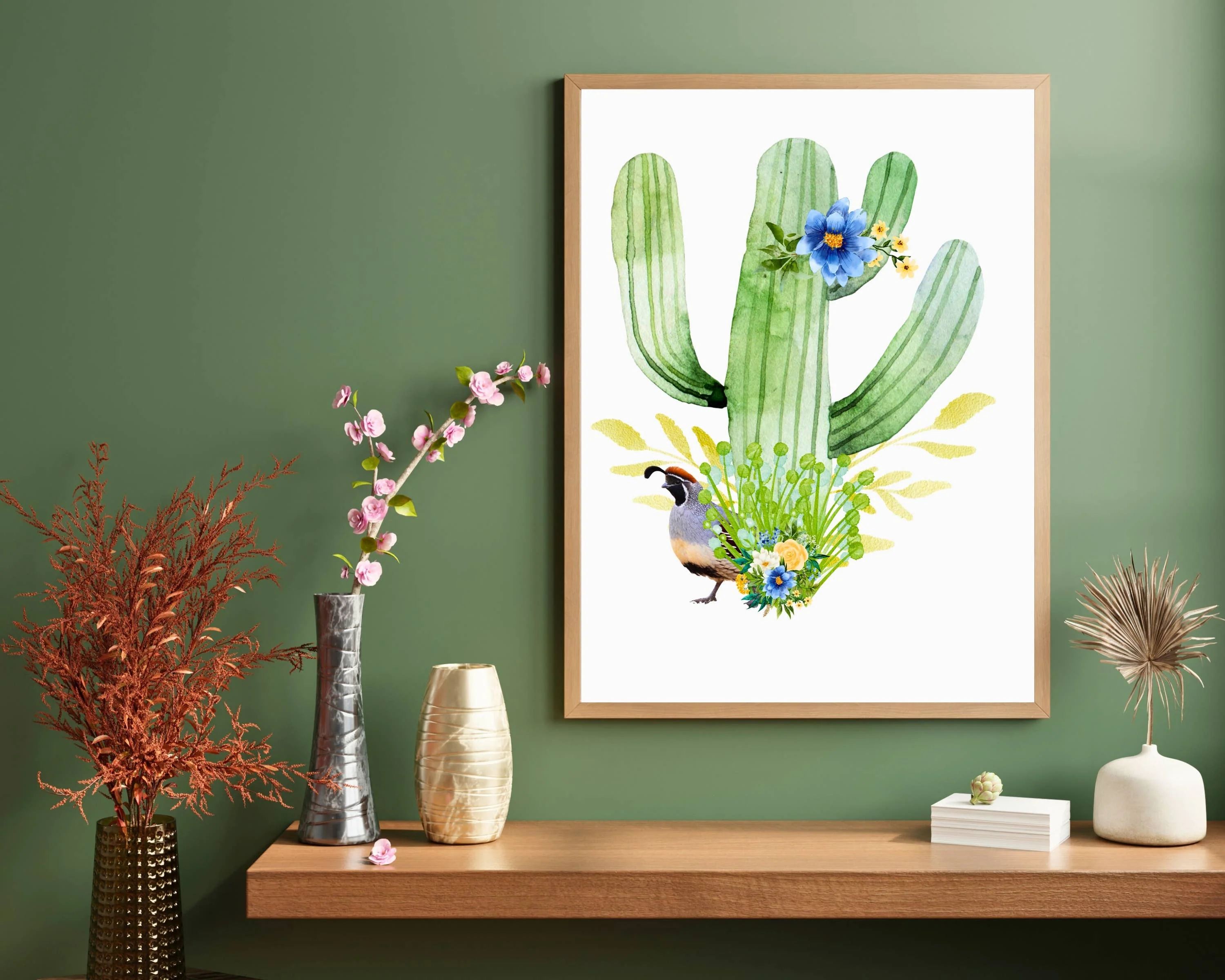 Desert Quail & Cactus Art Print with Blue Florals - Image 3