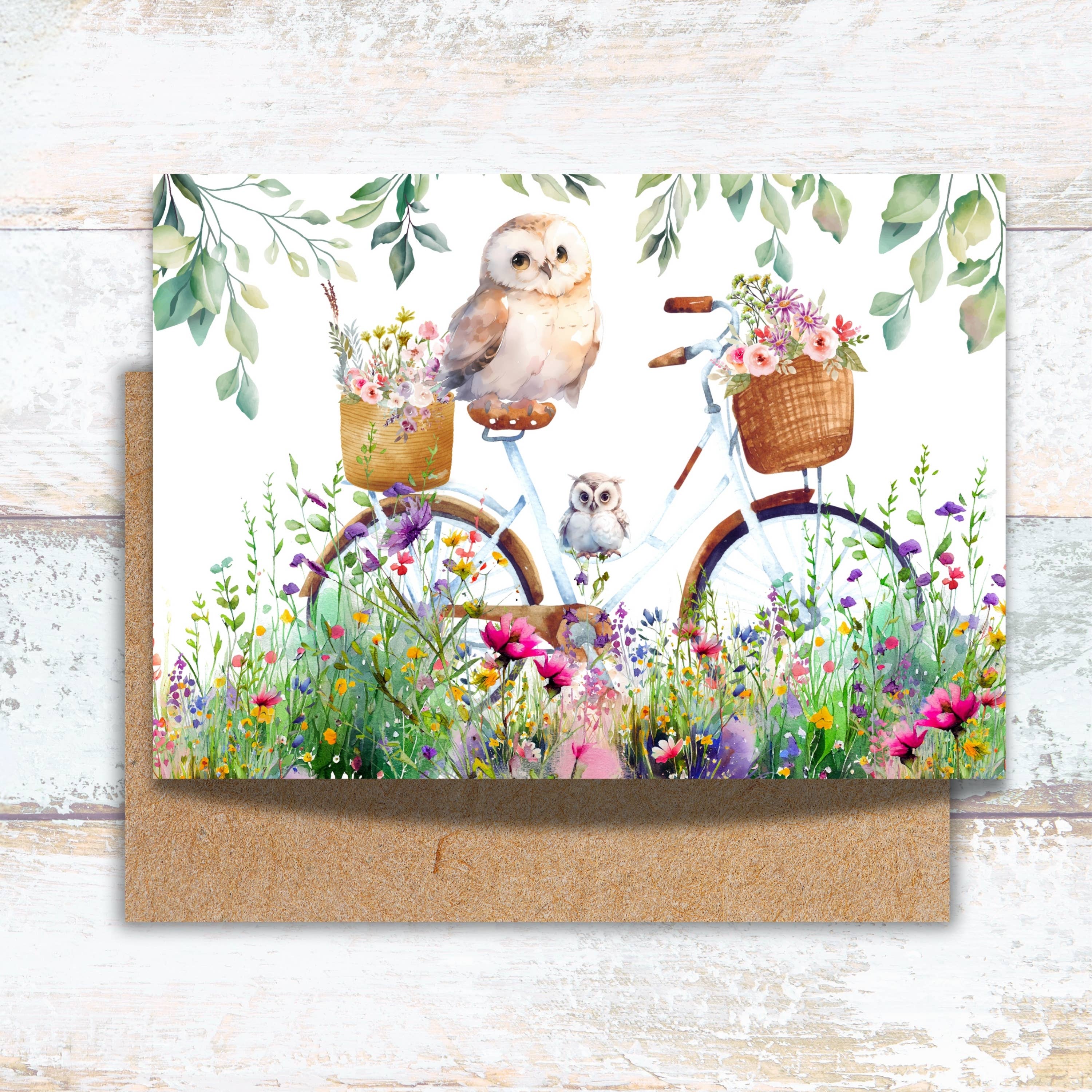 Owls Sitting on a Floral Bicycle Watercolor Greeting Card 