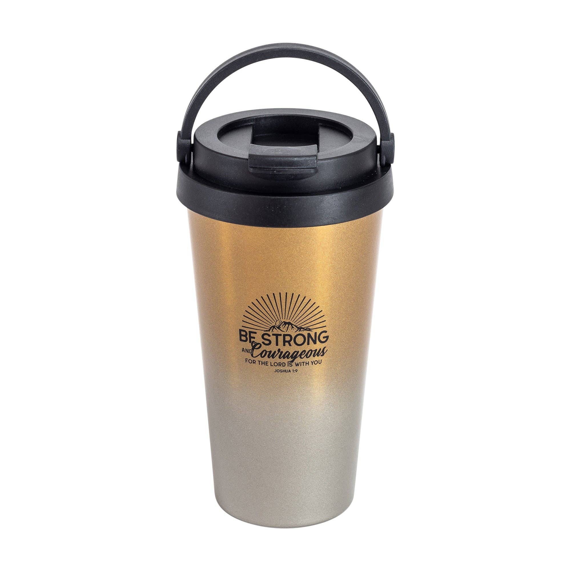 Divinity Boutique - Travel Mug - Be Strong & Courageous - Black Ink/Gold Mug - Image 2