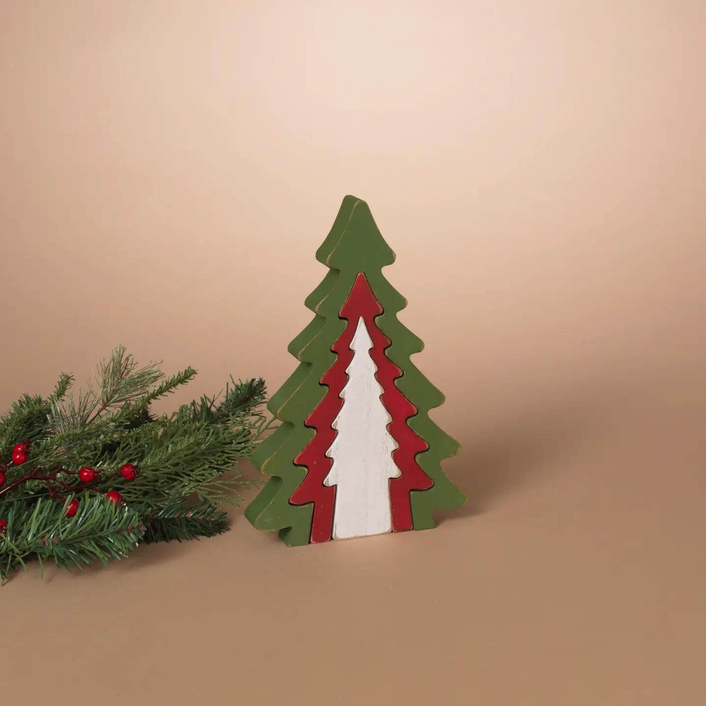 Green, Red and White Wooden Nesting Wood Holiday Tree Decor- 9.45"H