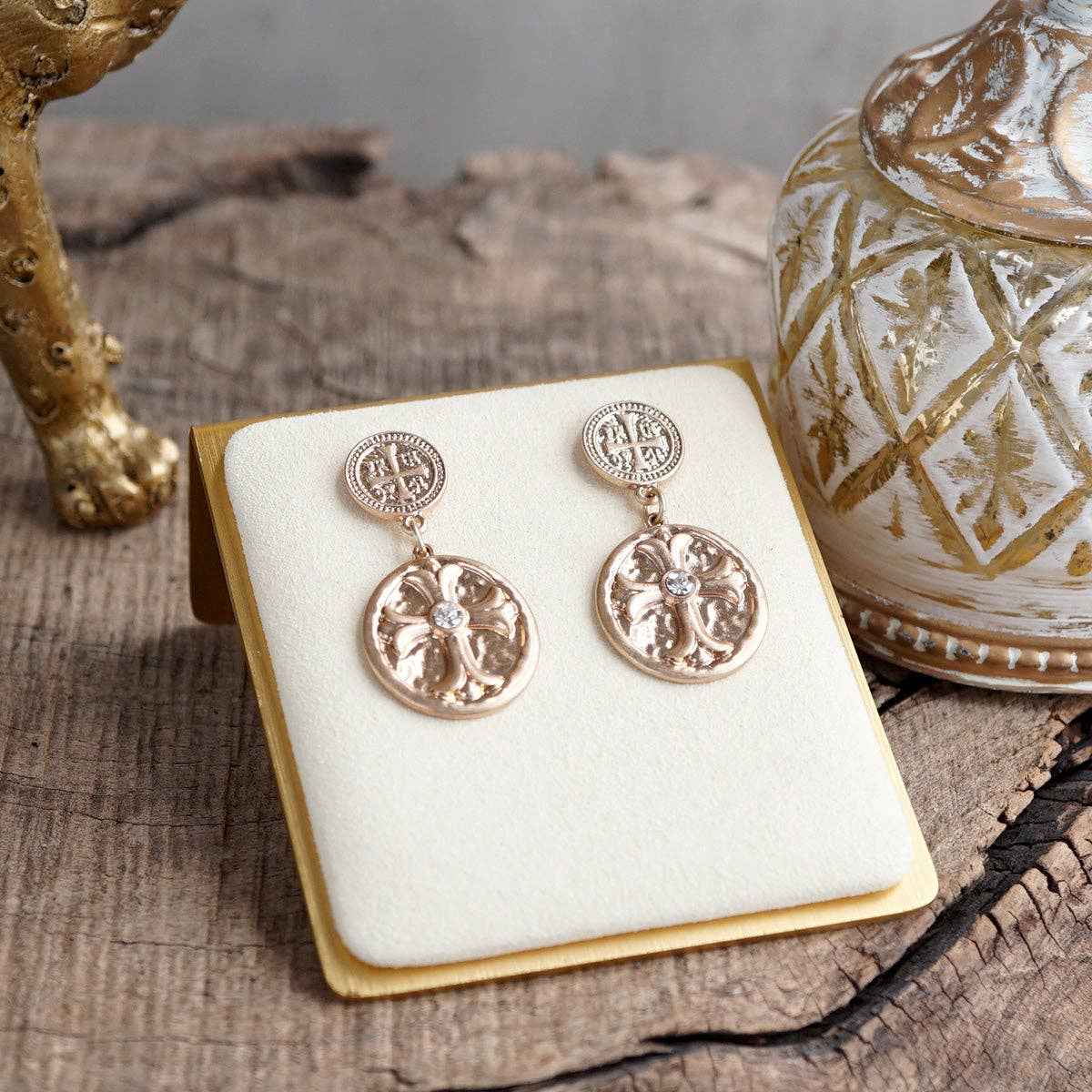 Cross Coin Dangle Earrings in Worn Gold or Silver: Gold