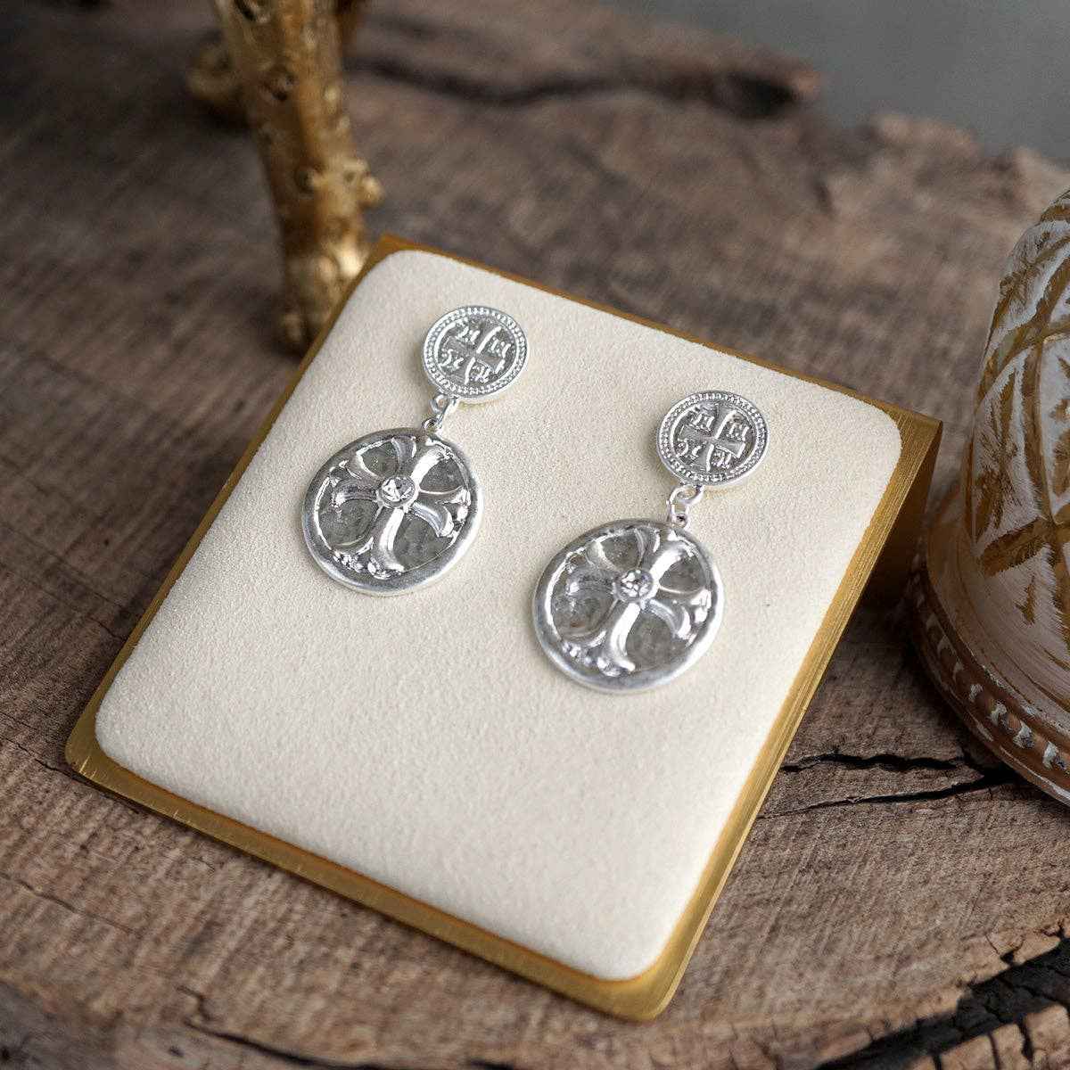 Cross Coin Dangle Earrings in Worn Gold or Silver: Gold - Image 5