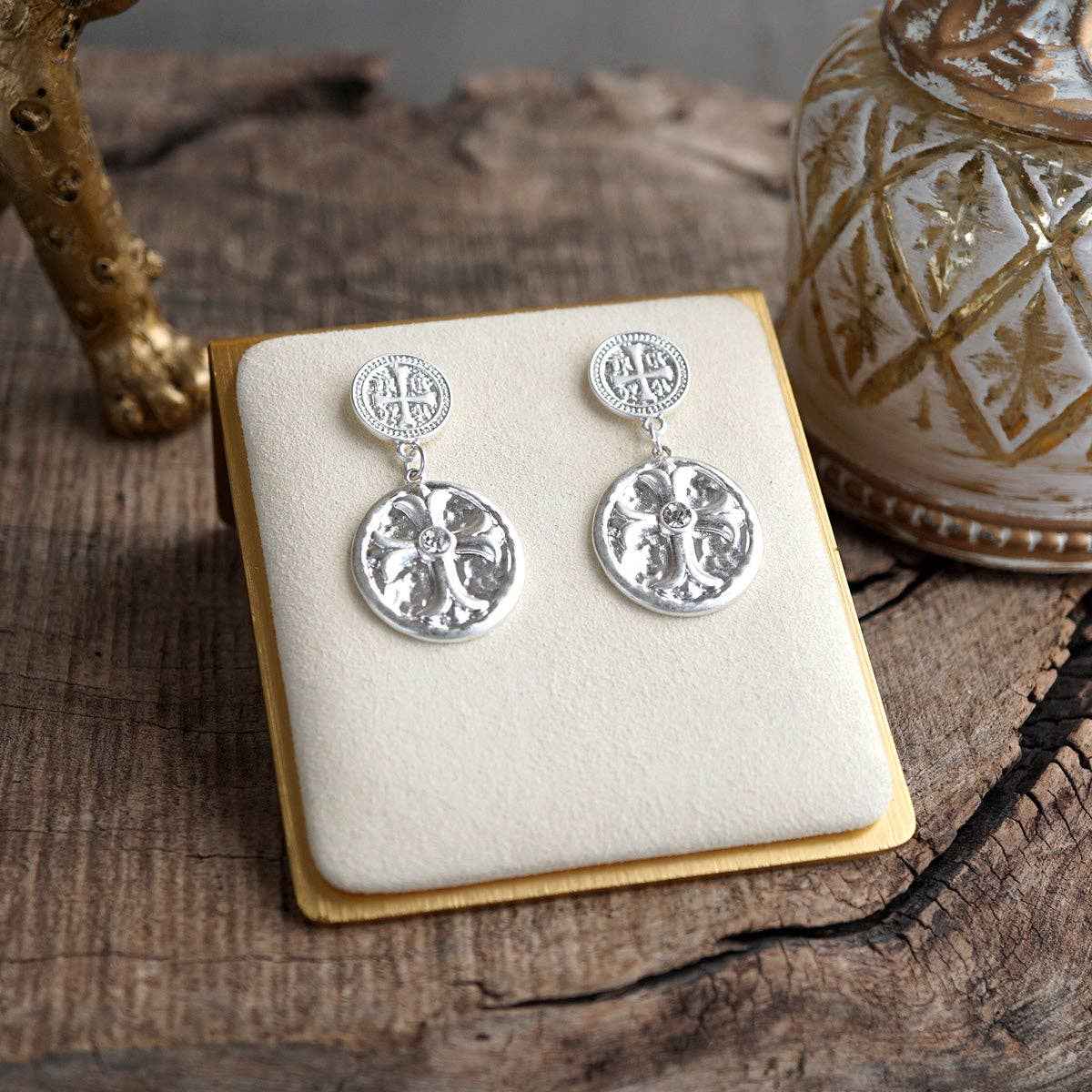 Cross Coin Dangle Earrings in Worn Gold or Silver: Gold - Image 6