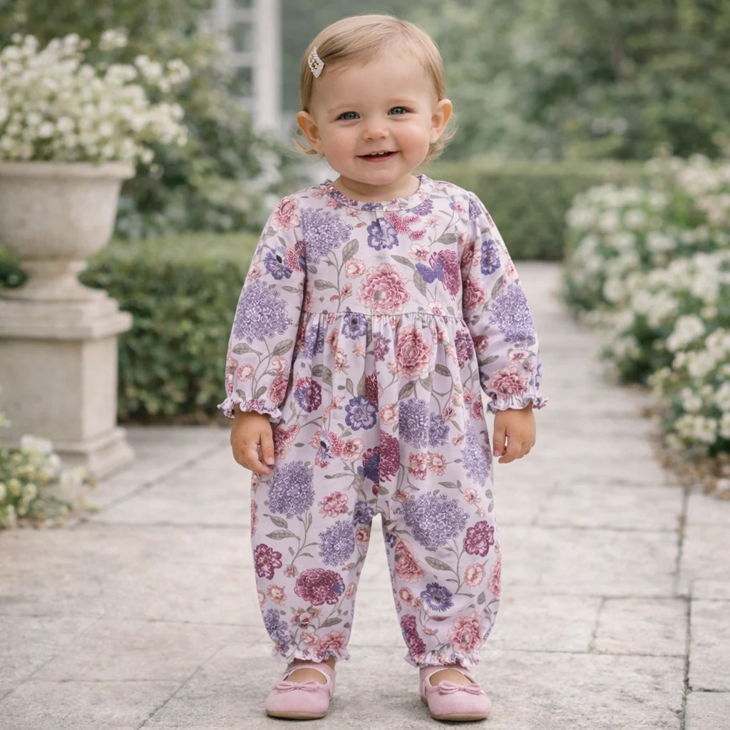 Floral Empire Baby Girl Romper – Bamboo Vintage Bloom Ruffle: 12-18M - Image 2