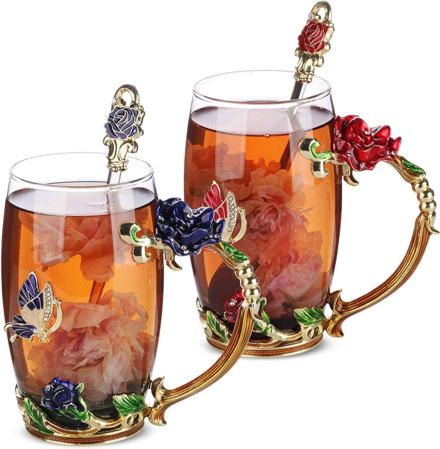 Floral Glass Tea Cups – Set of 2 11oz - Image 2