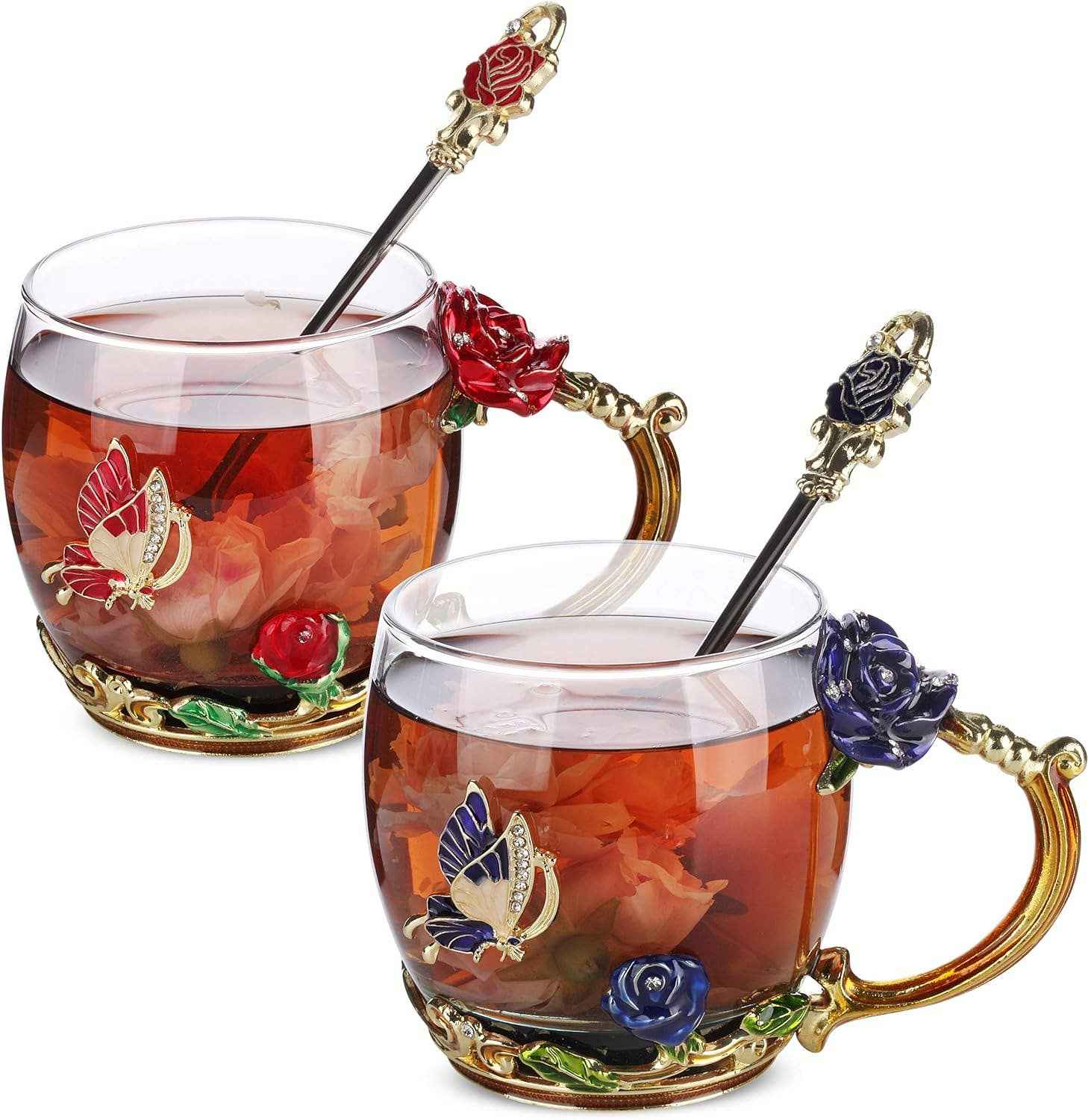 Floral Glass Tea Cups – Set of 2 Red/Blue - Image 2