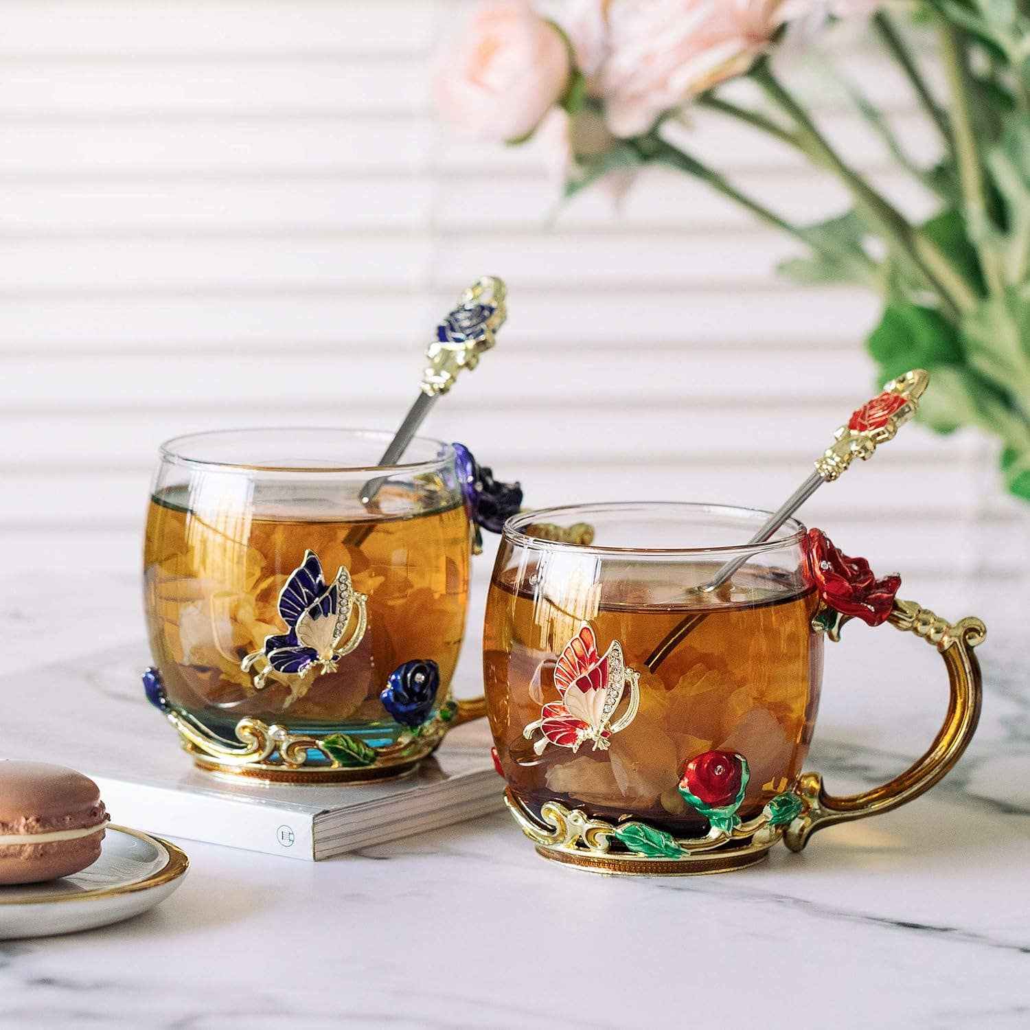 Floral Glass Tea Cups – Set of 2 Red/Blue - Image 5
