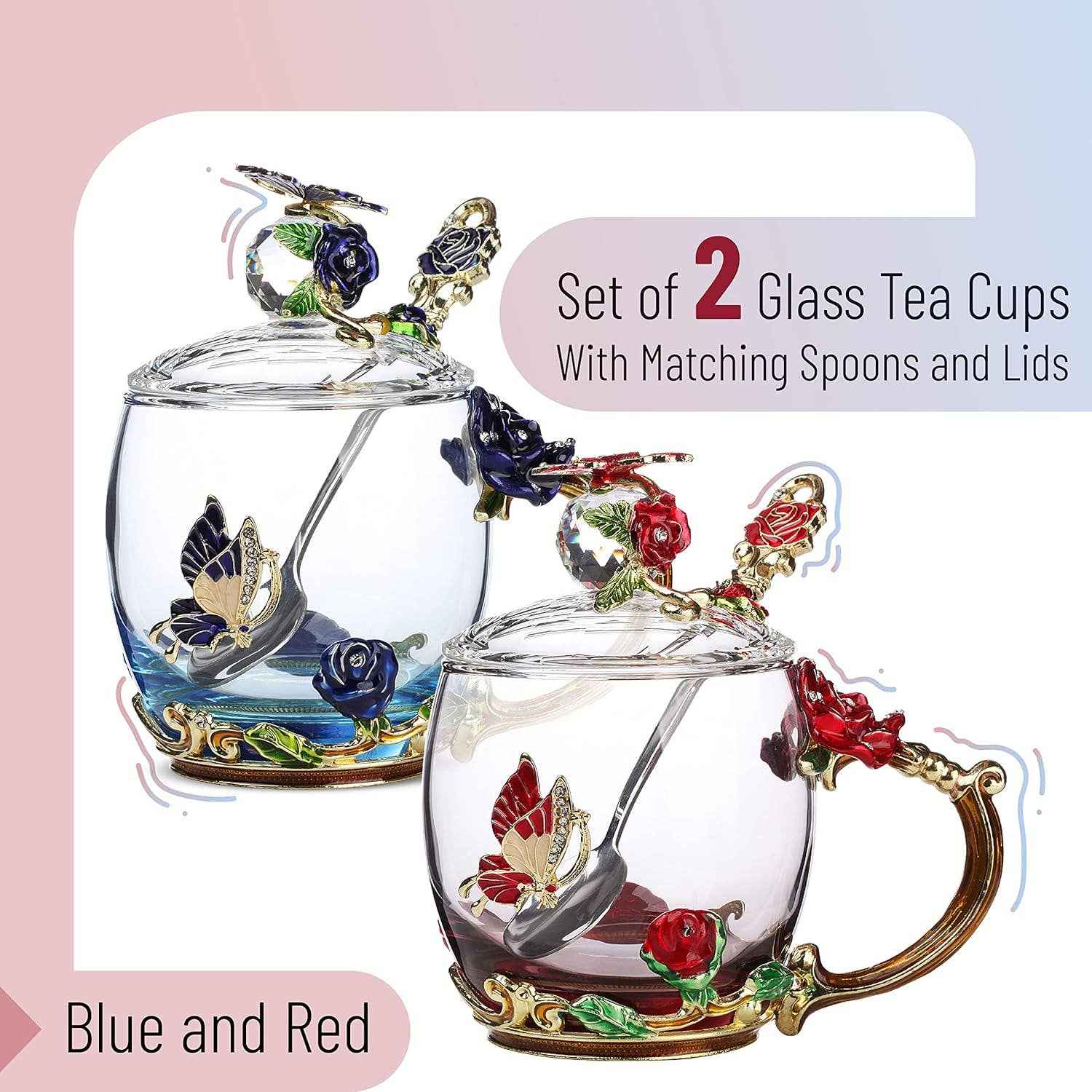 Floral Glass Tea Cups with Lids – Set of 2 - Image 2