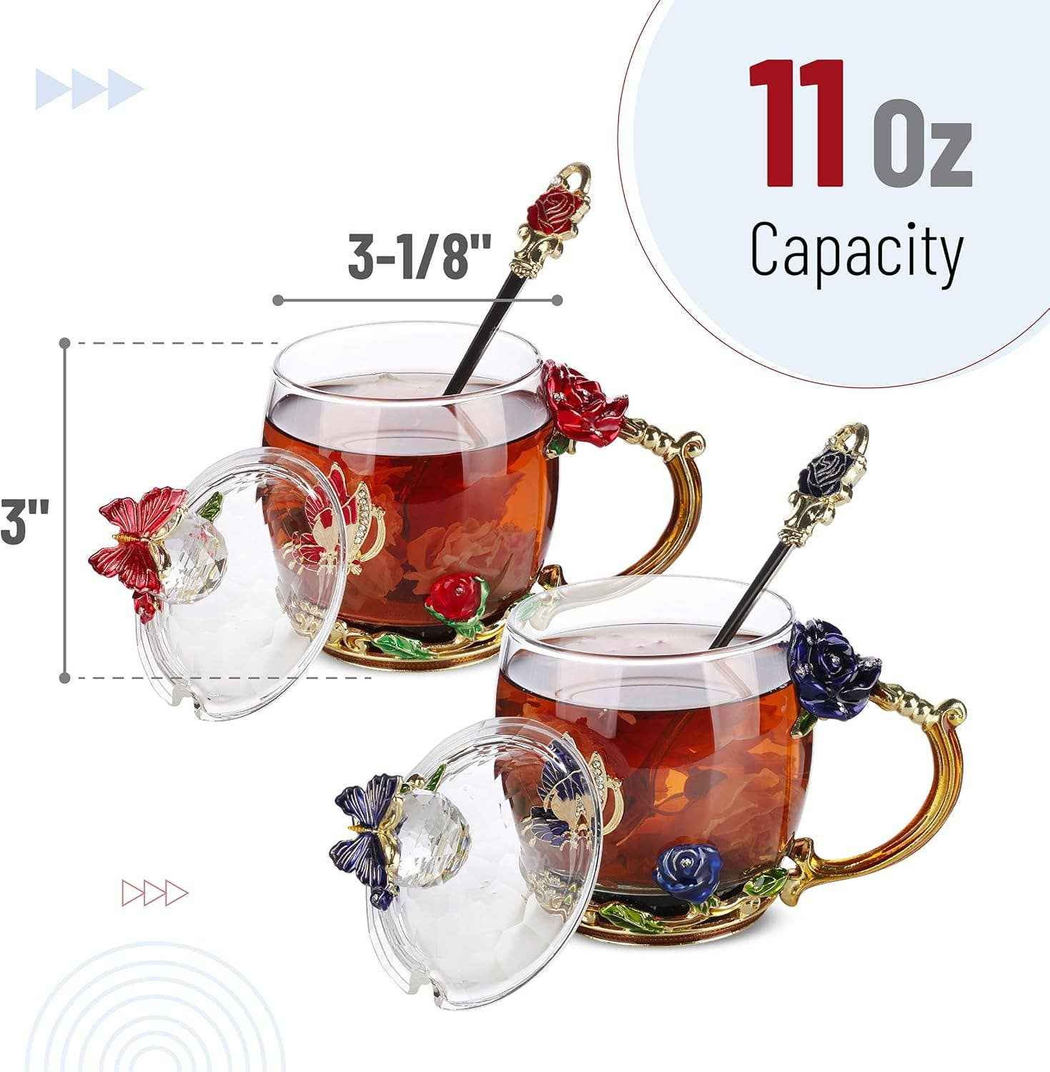 Floral Glass Tea Cups with Lids – Set of 2 - Image 3