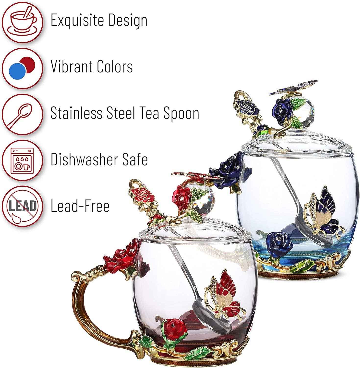 Floral Glass Tea Cups with Lids – Set of 2 - Image 4