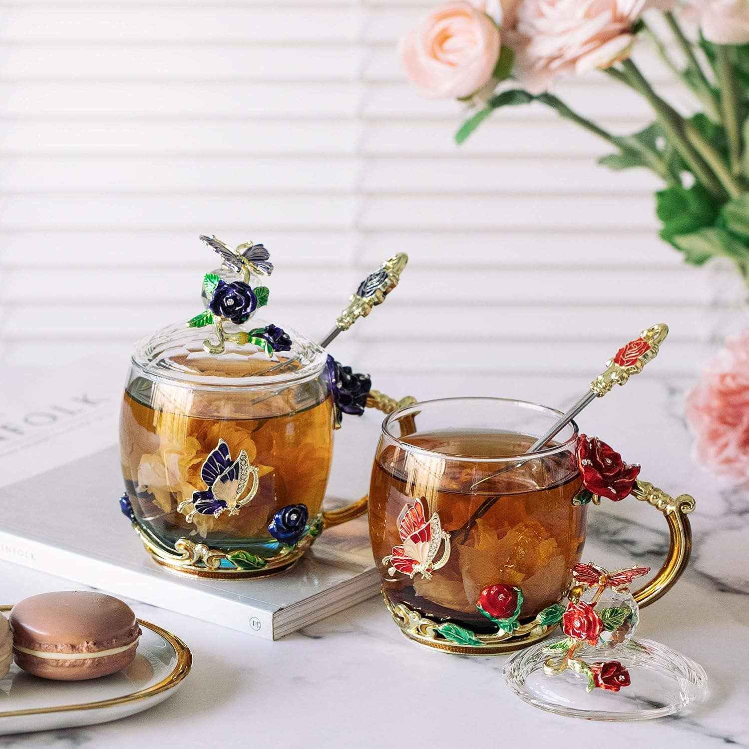 Floral Glass Tea Cups with Lids – Set of 2 - Image 9