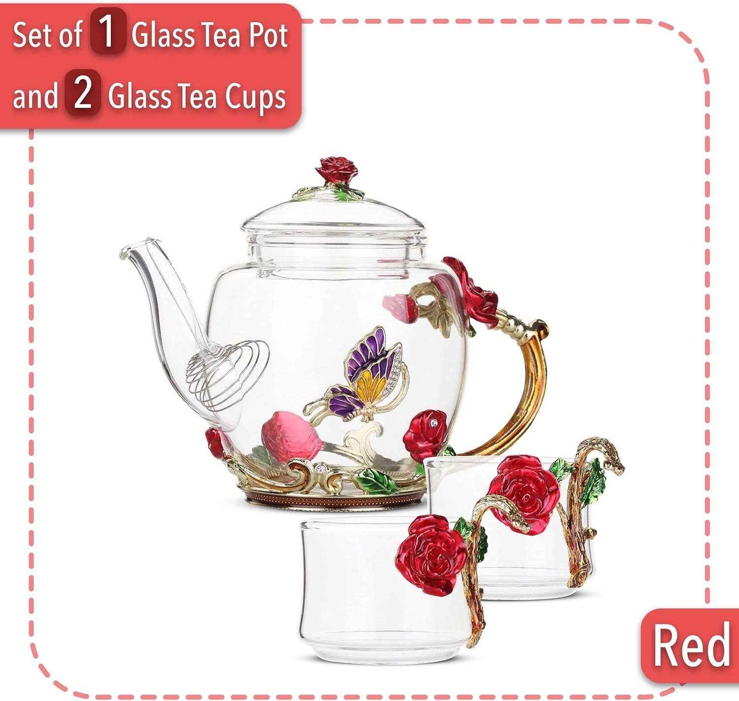 Floral Glass Tea Pot Set – 2 Cups- Red Rose - Image 2