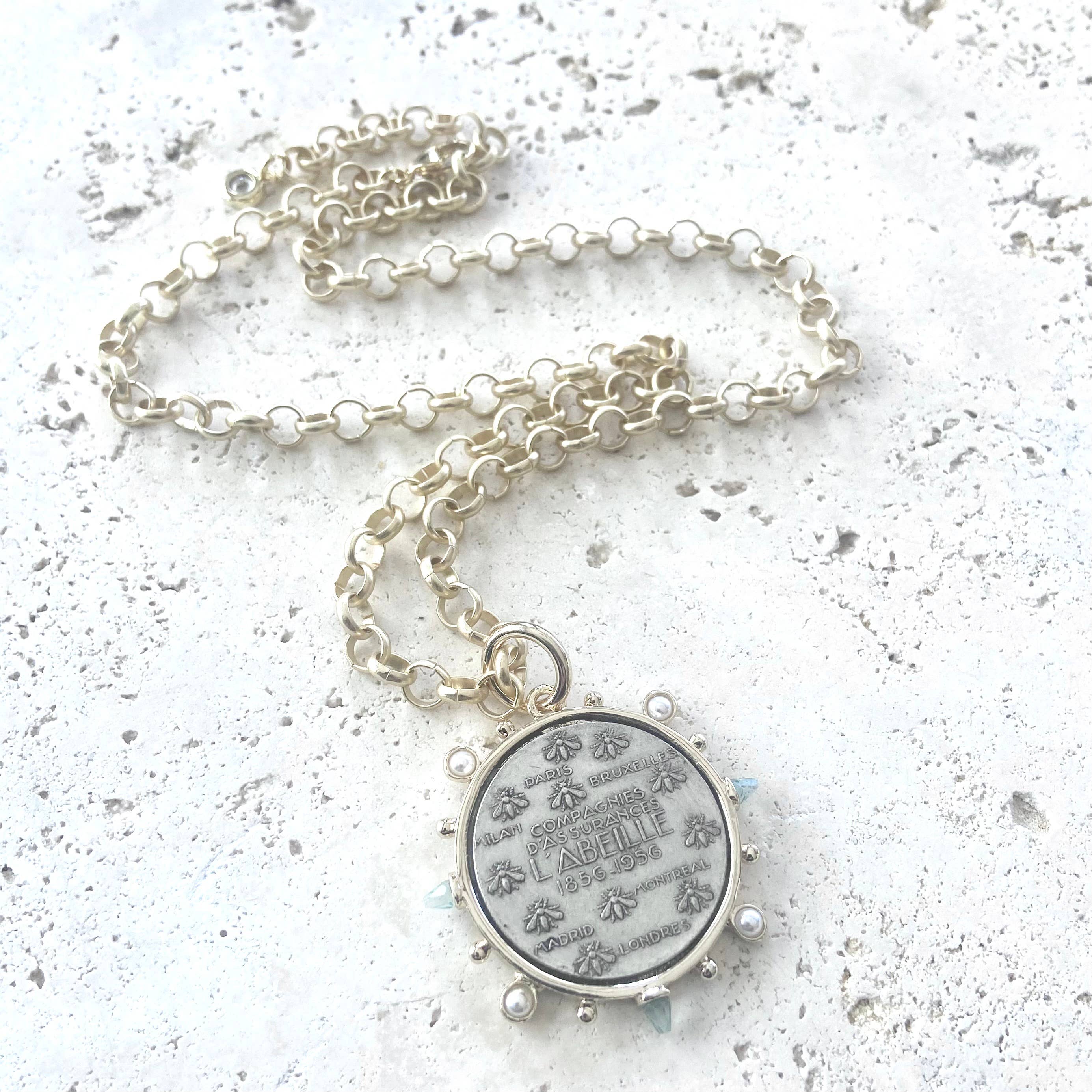French Bee coin necklace matte gold jewelry handmade - Image 2
