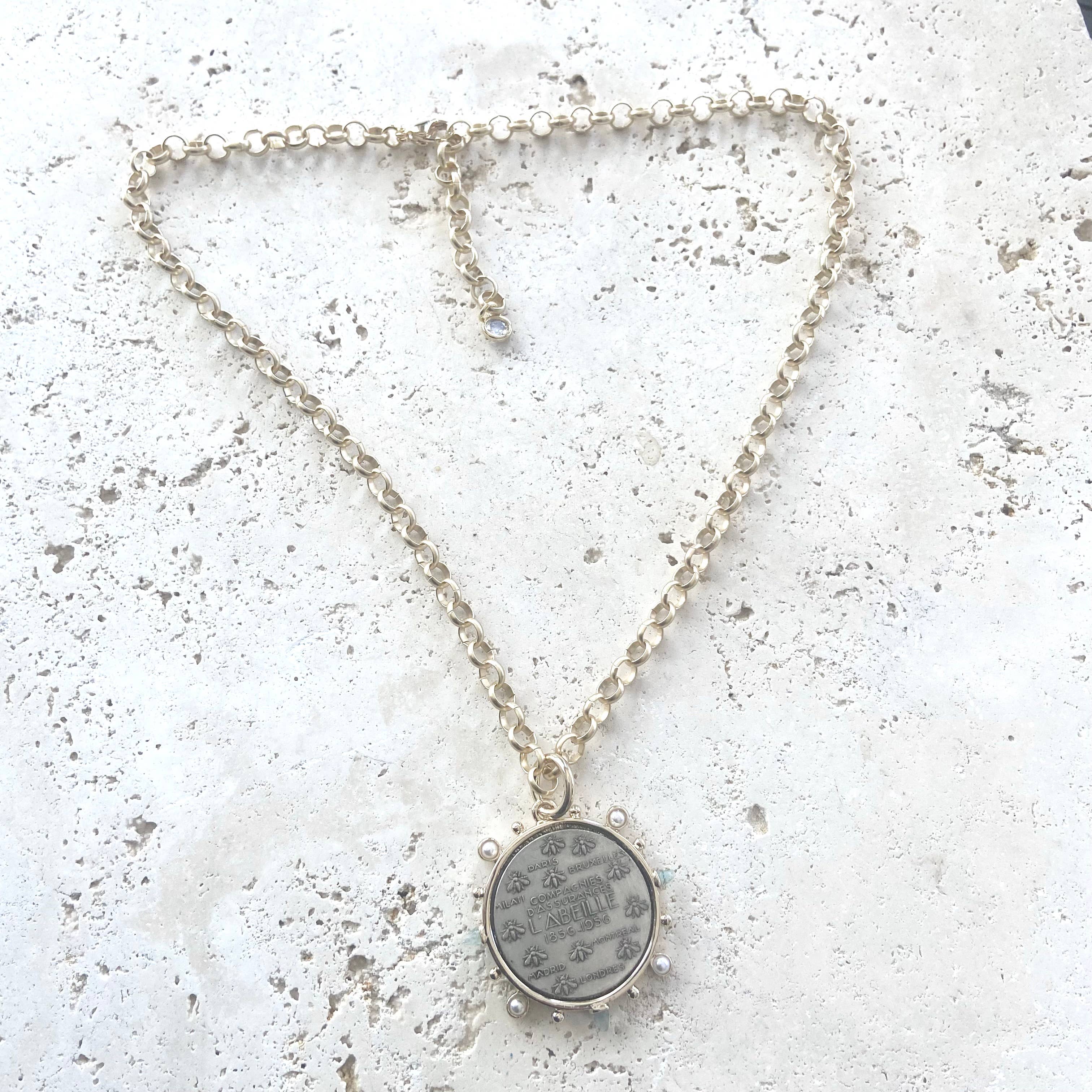 French Bee coin necklace matte gold jewelry handmade - Image 3