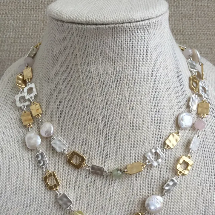 Geometric Gold/ Silver with Coin Pearl shortvNecklace