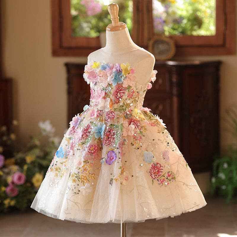 Girls Floral Tulle Princess Dress with Illusion Neckline: Multicolor / Printed / 5-6 Years (130cm) - Image 2