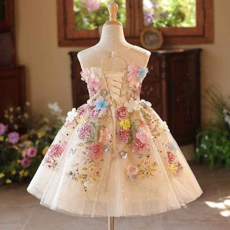 Girls Floral Tulle Princess Dress with Illusion Neckline: Multicolor / Printed / 5-6 Years (130cm) - Image 3