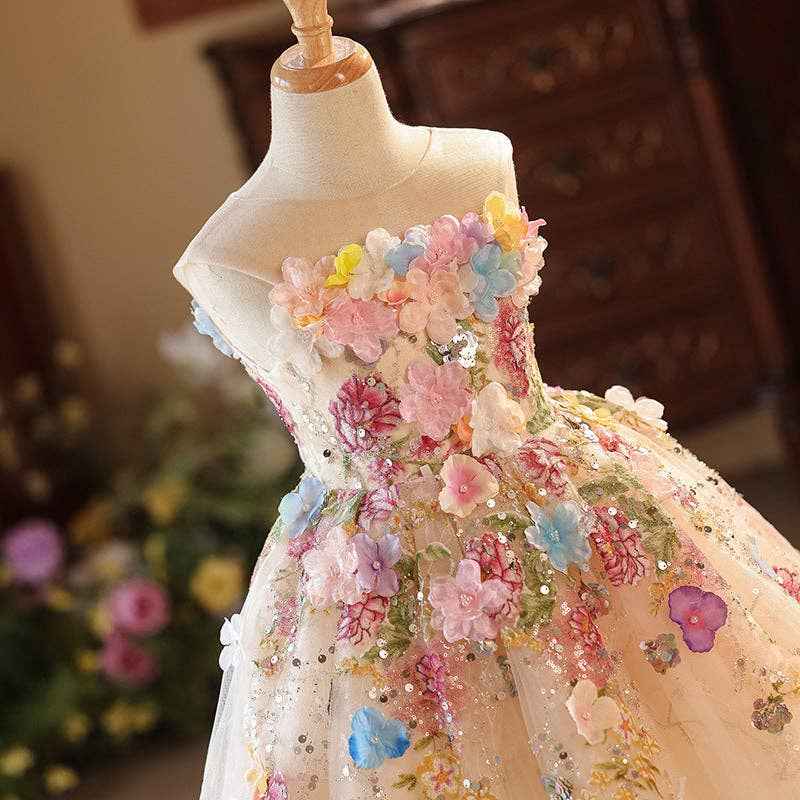 Girls Floral Tulle Princess Dress with Illusion Neckline: Multicolor / Printed / 5-6 Years (130cm) - Image 4