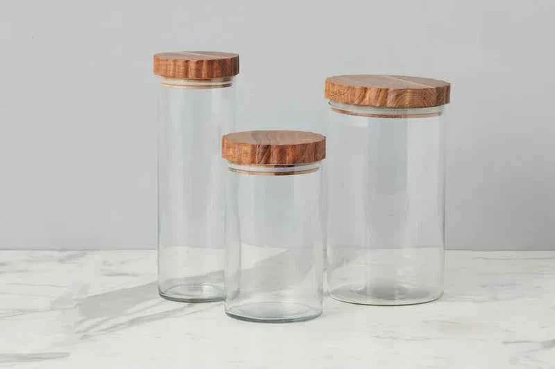 Glass canister-scalloped wood top (set of 3)