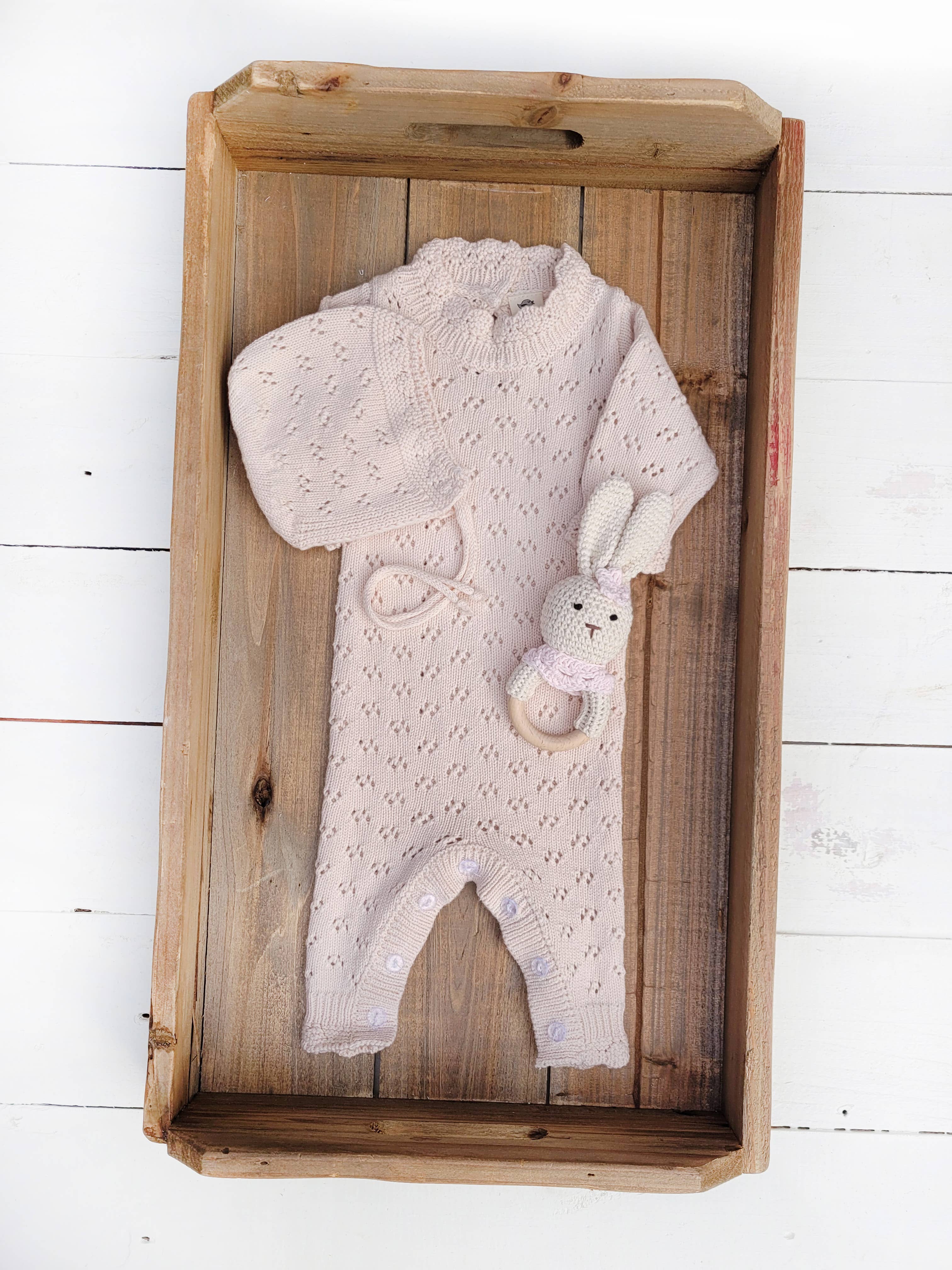 Grace Knitted Romper with Hat 2pc Set Apricot pink or Plum - Image 2